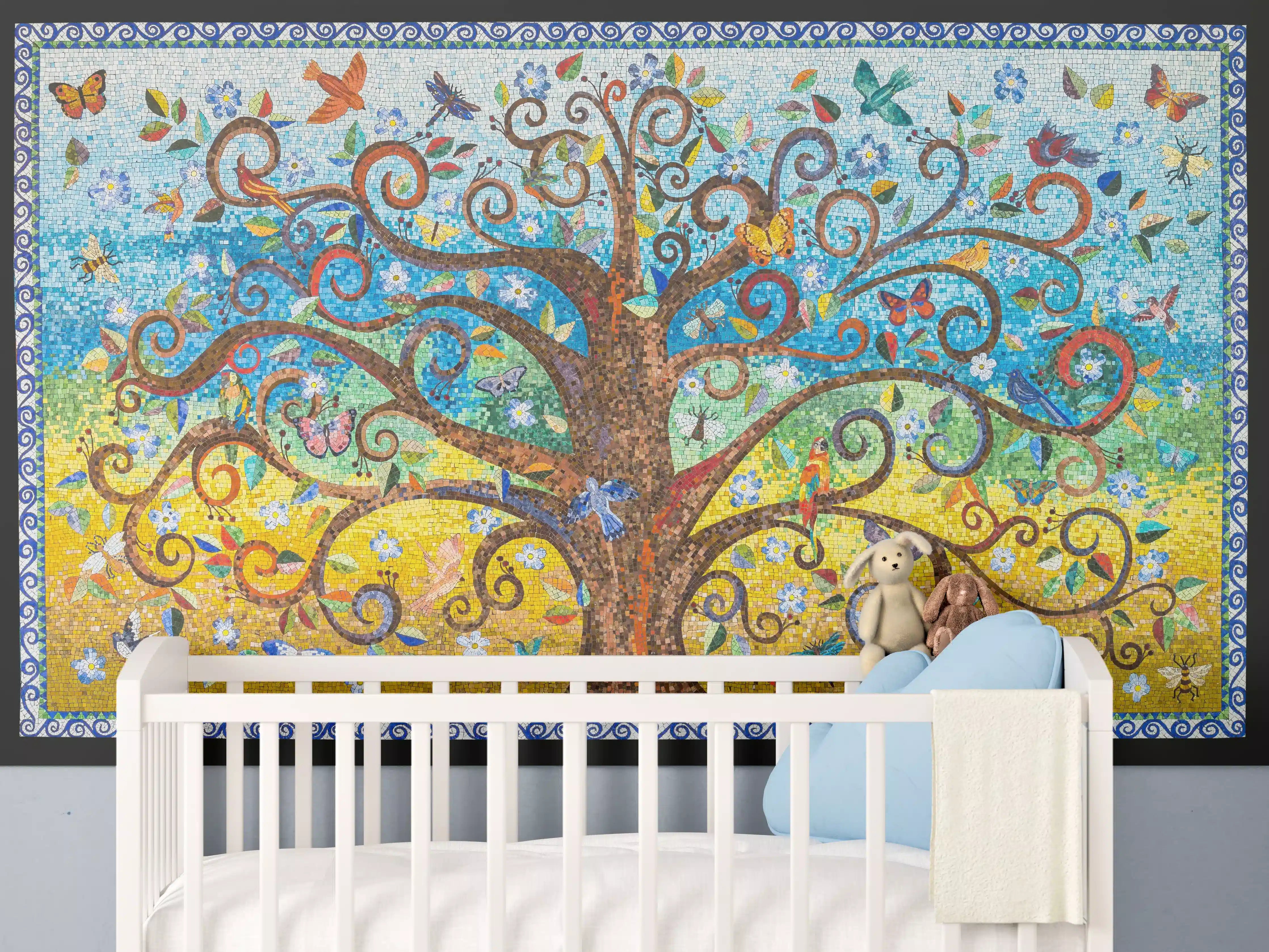 Babyzimmer Wandgestaltung - Buntes Baum Mosaik Kunstwerk