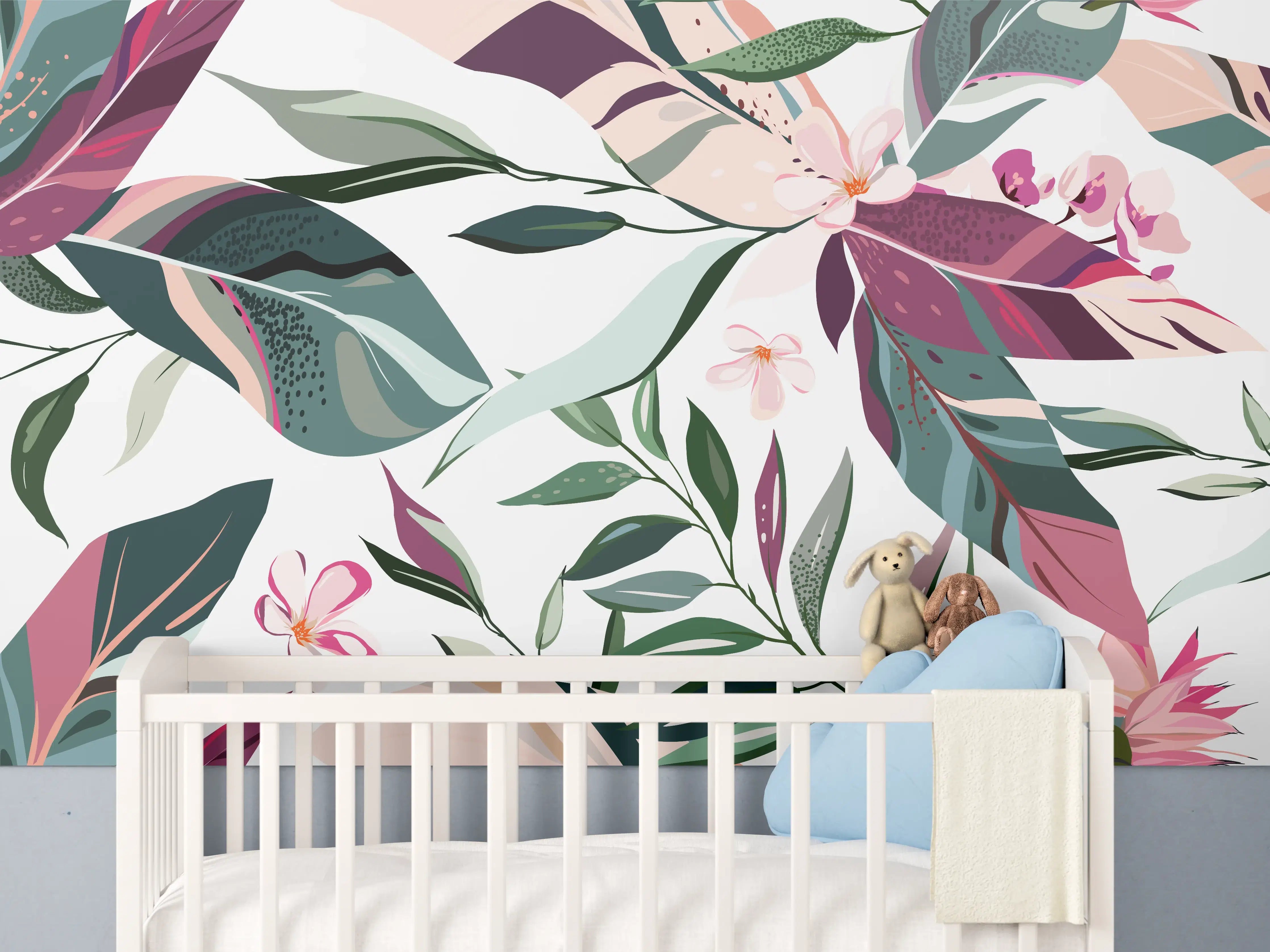 Babyzimmer Wandgestaltung - Buntes Blumen-Pflanzen Muster