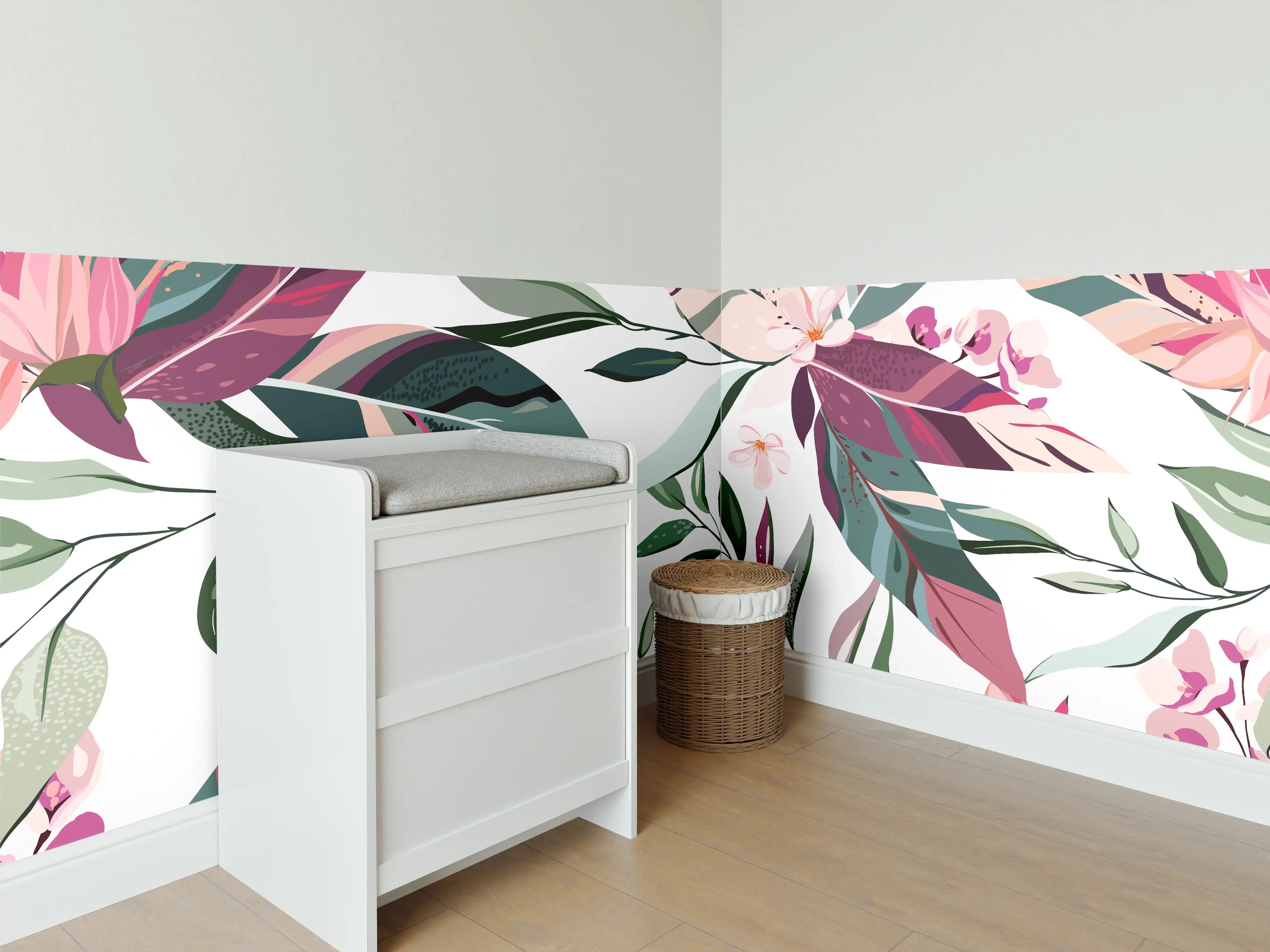 Babyzimmer Wandgestaltung - Buntes Blumen-Pflanzen Muster
