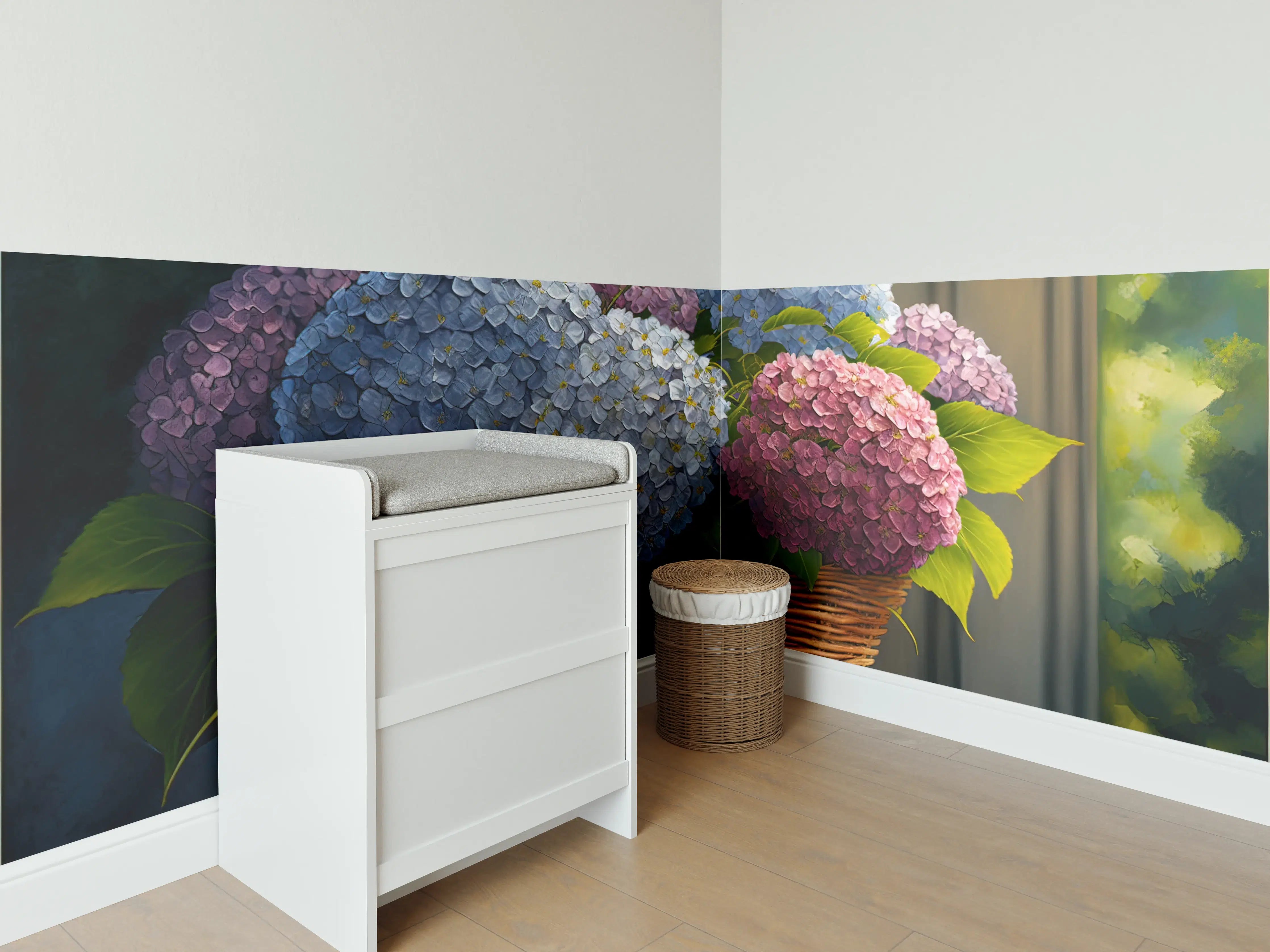 Babyzimmer Wandgestaltung - Buntes Hortensien Blumenarrangement