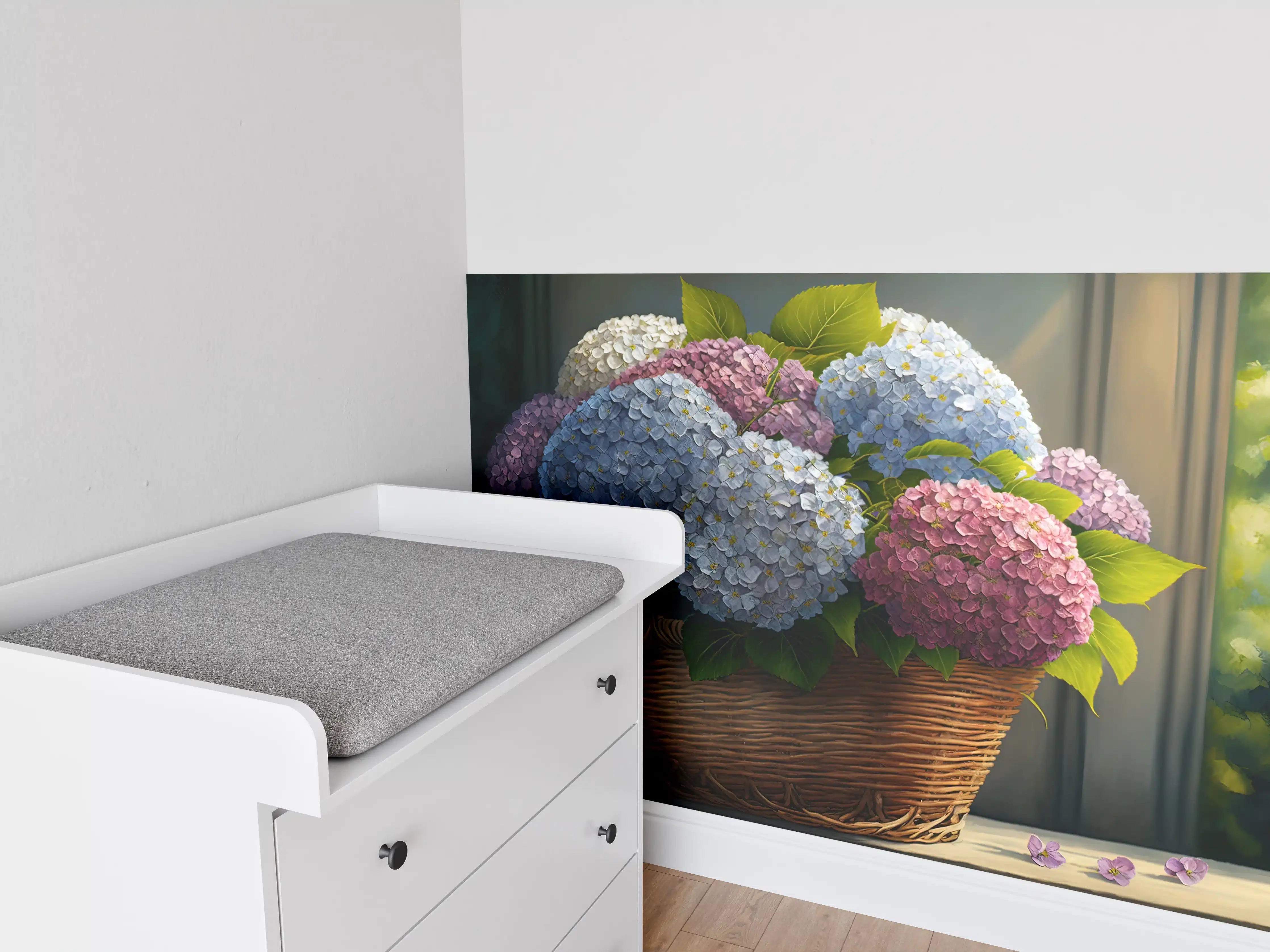 Babyzimmer Wandgestaltung - Buntes Hortensien Blumenarrangement