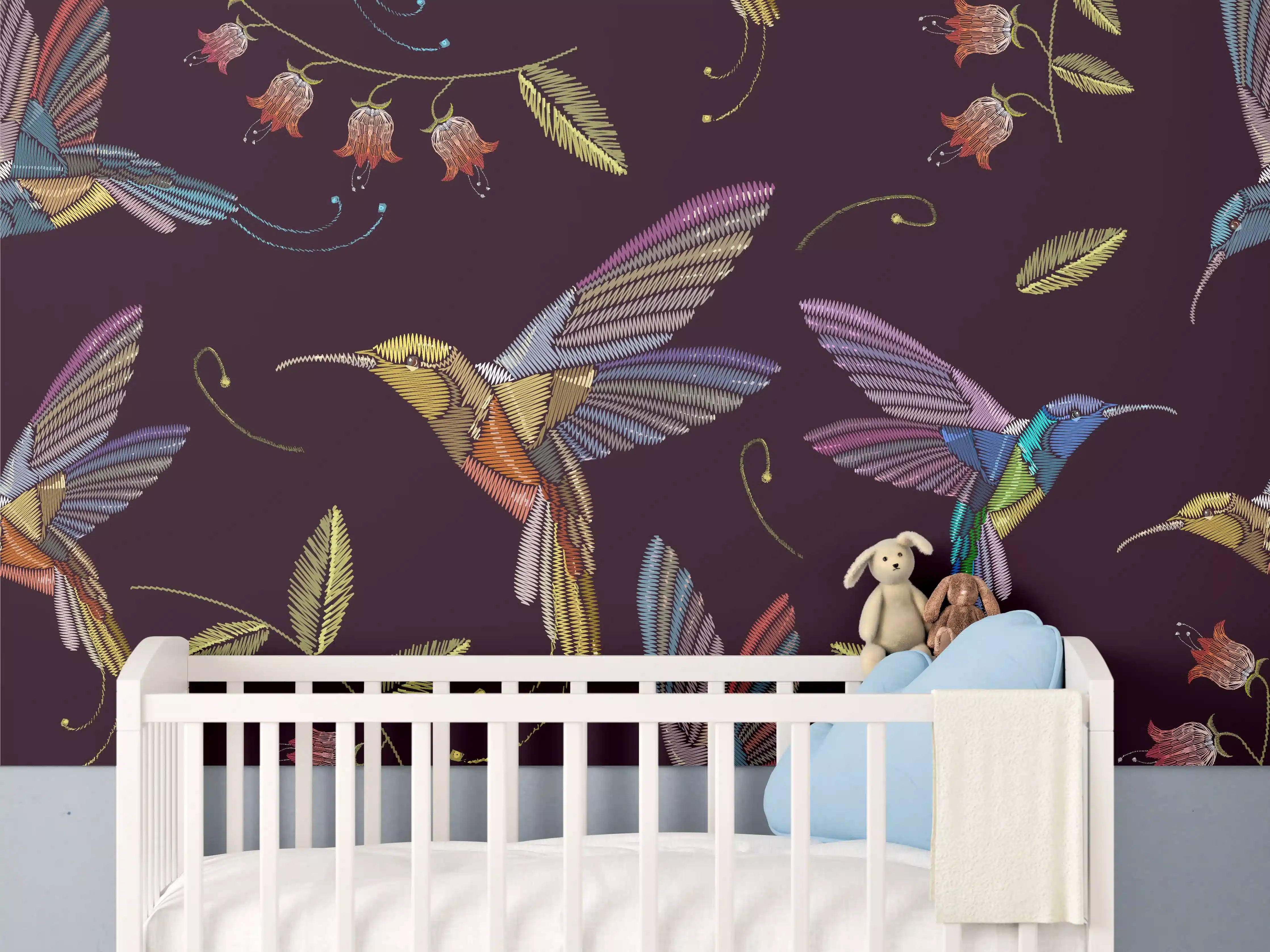 Babyzimmer Wandgestaltung - Buntes Kolibri Blumen Muster