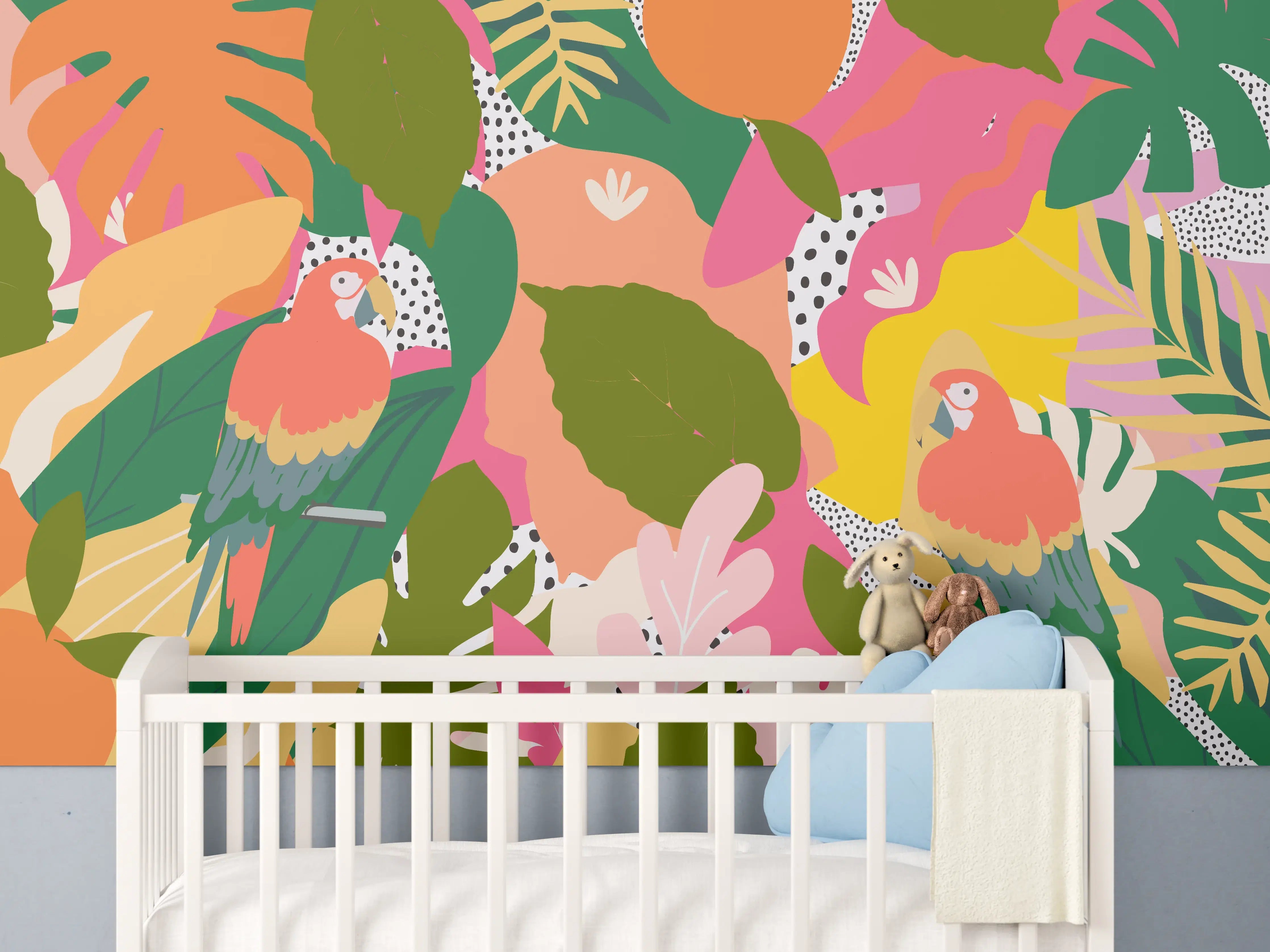 Babyzimmer Wandgestaltung - Buntes Papagei-Dschungelmuster