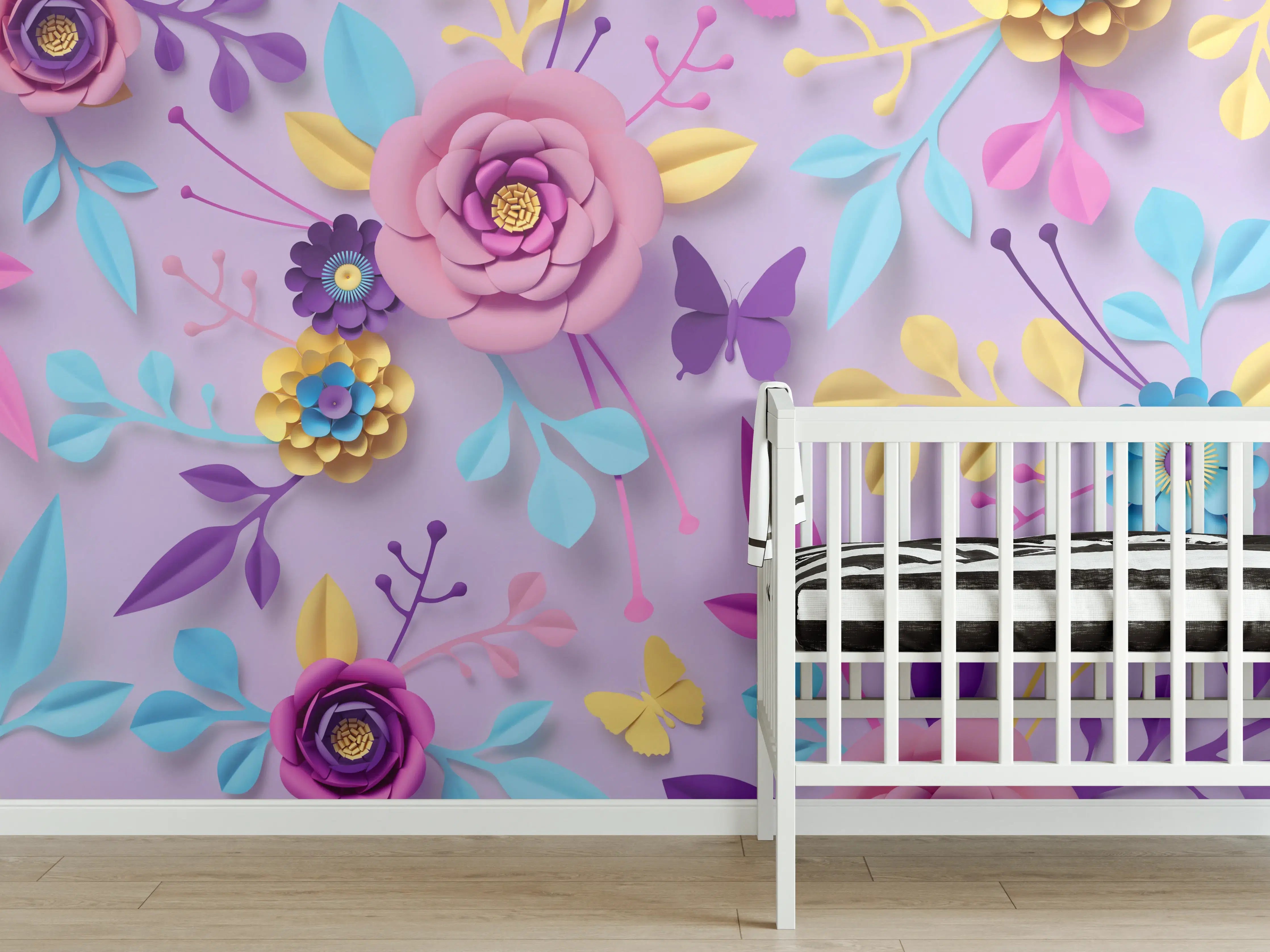 Babyzimmer Wandgestaltung - Buntes Papierblumen-Wandbild