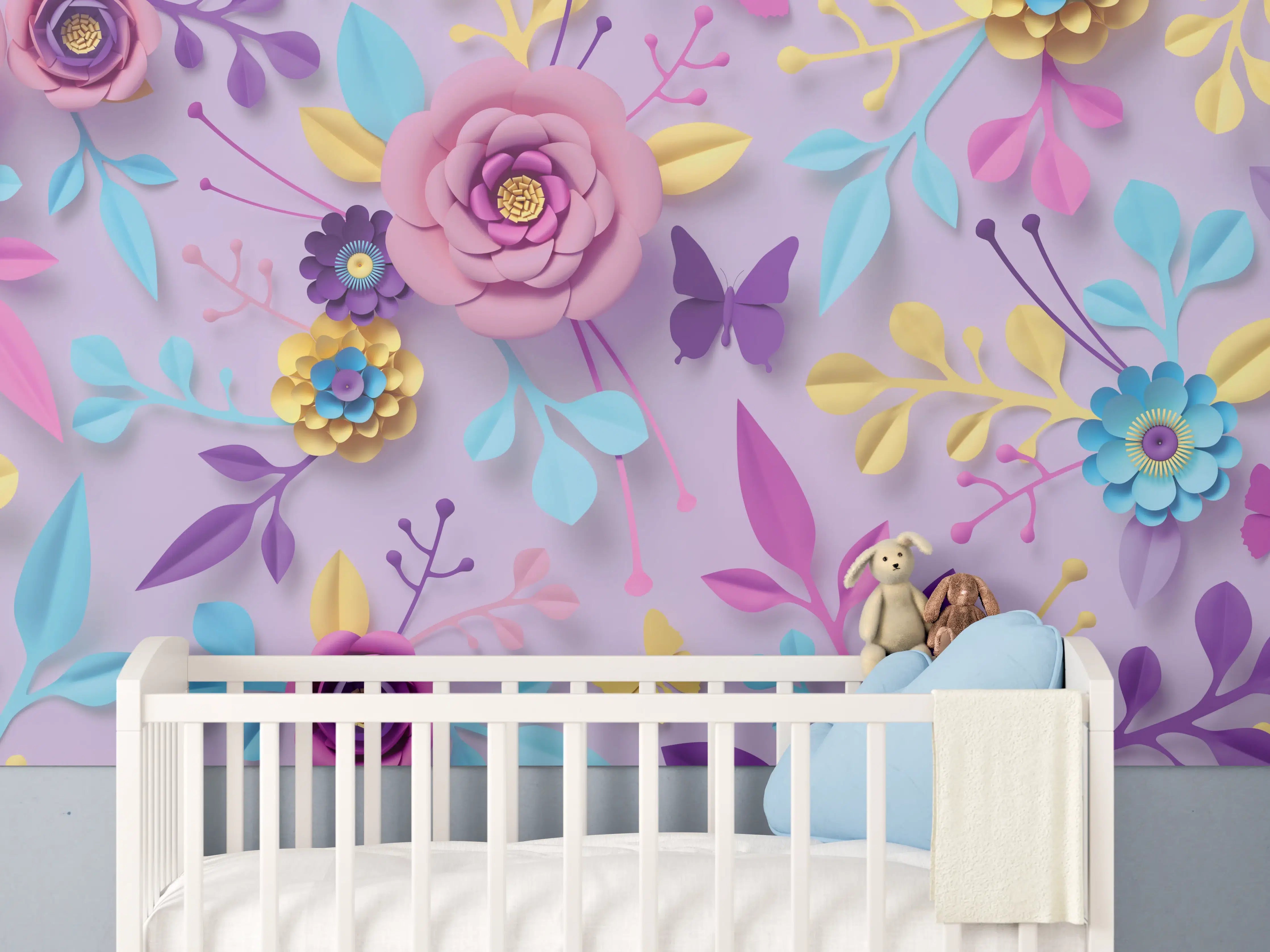 Babyzimmer Wandgestaltung - Buntes Papierblumen-Wandbild
