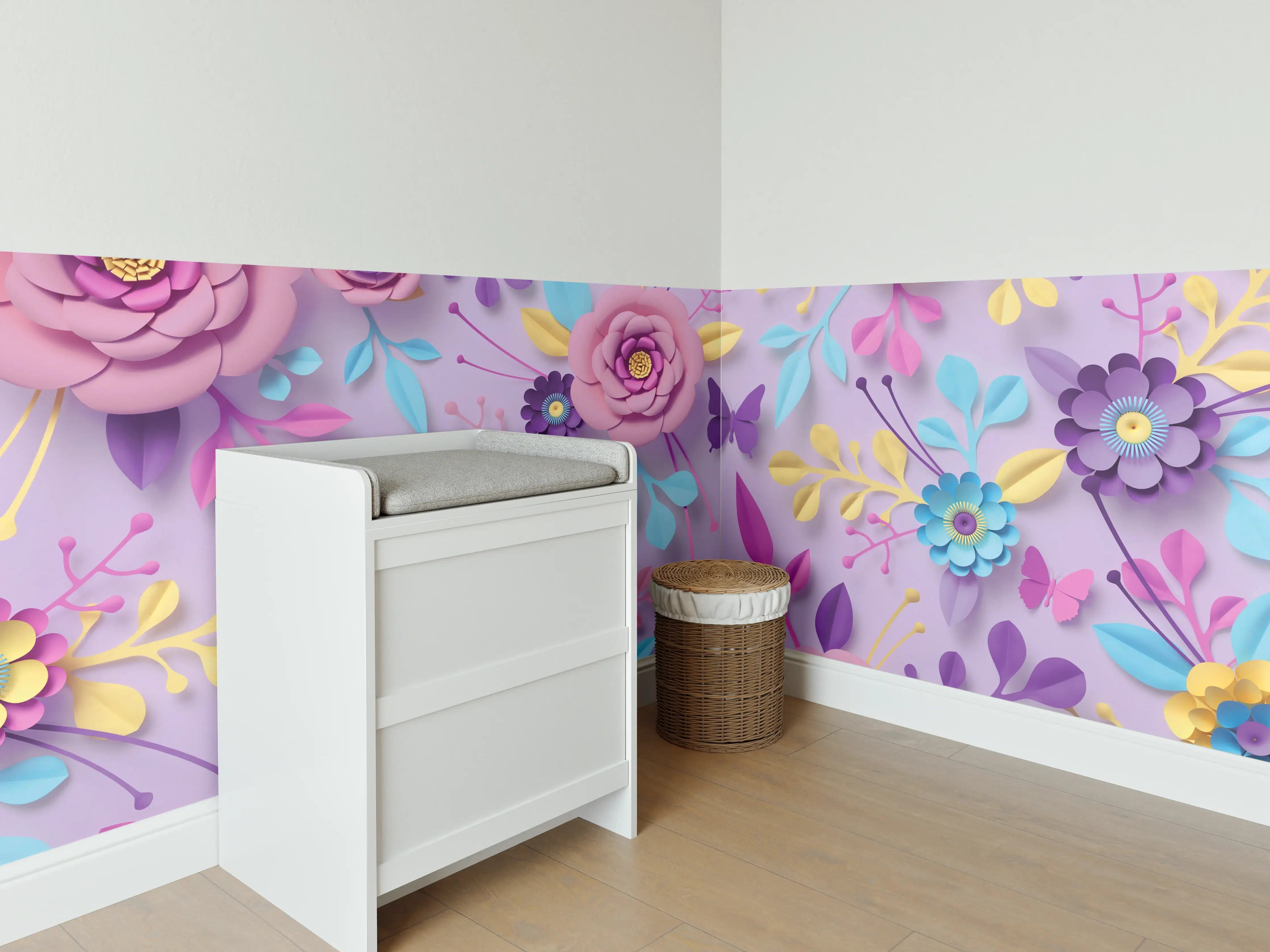 Babyzimmer Wandgestaltung - Buntes Papierblumen-Wandbild