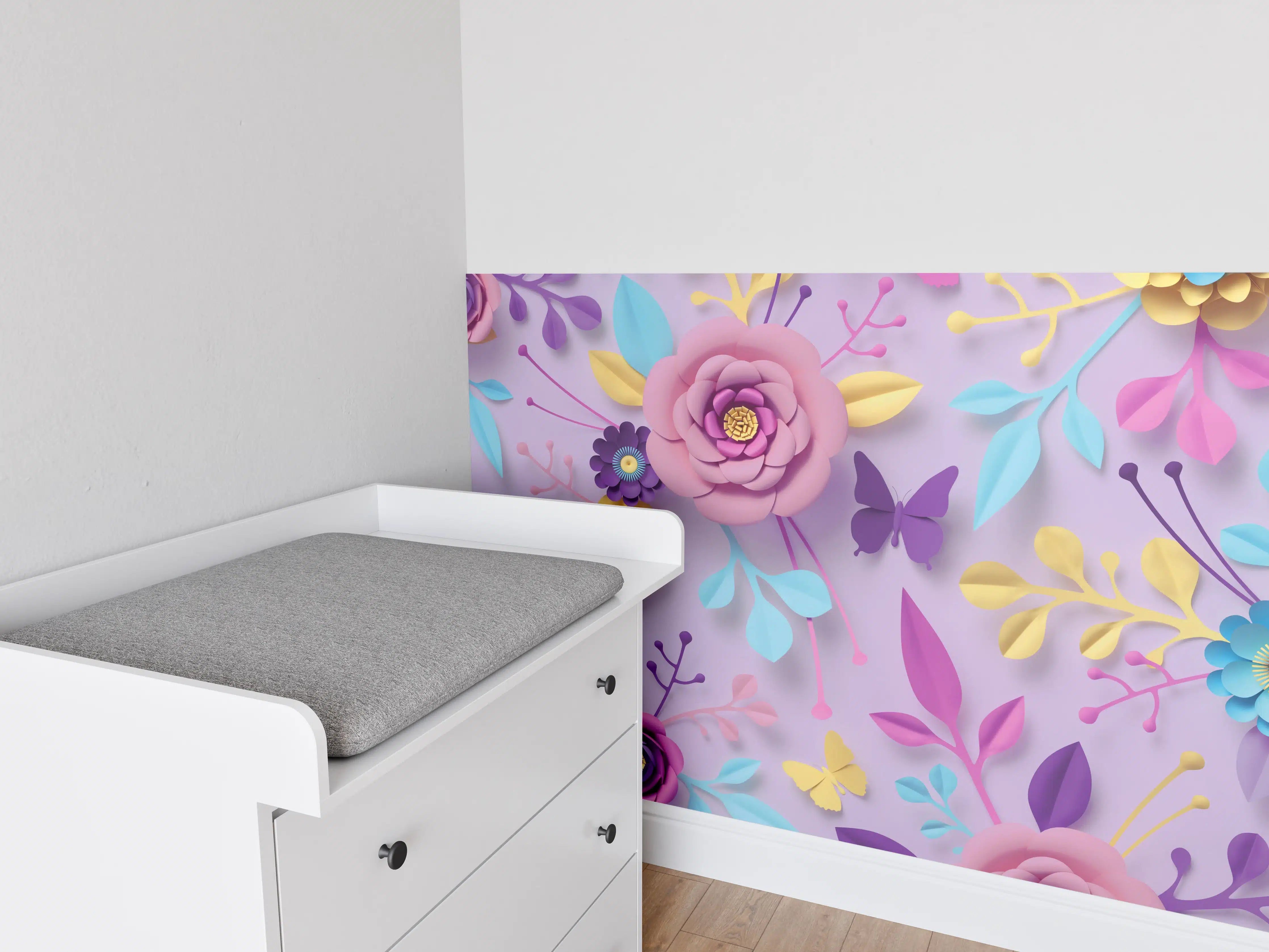 Babyzimmer Wandgestaltung - Buntes Papierblumen-Wandbild