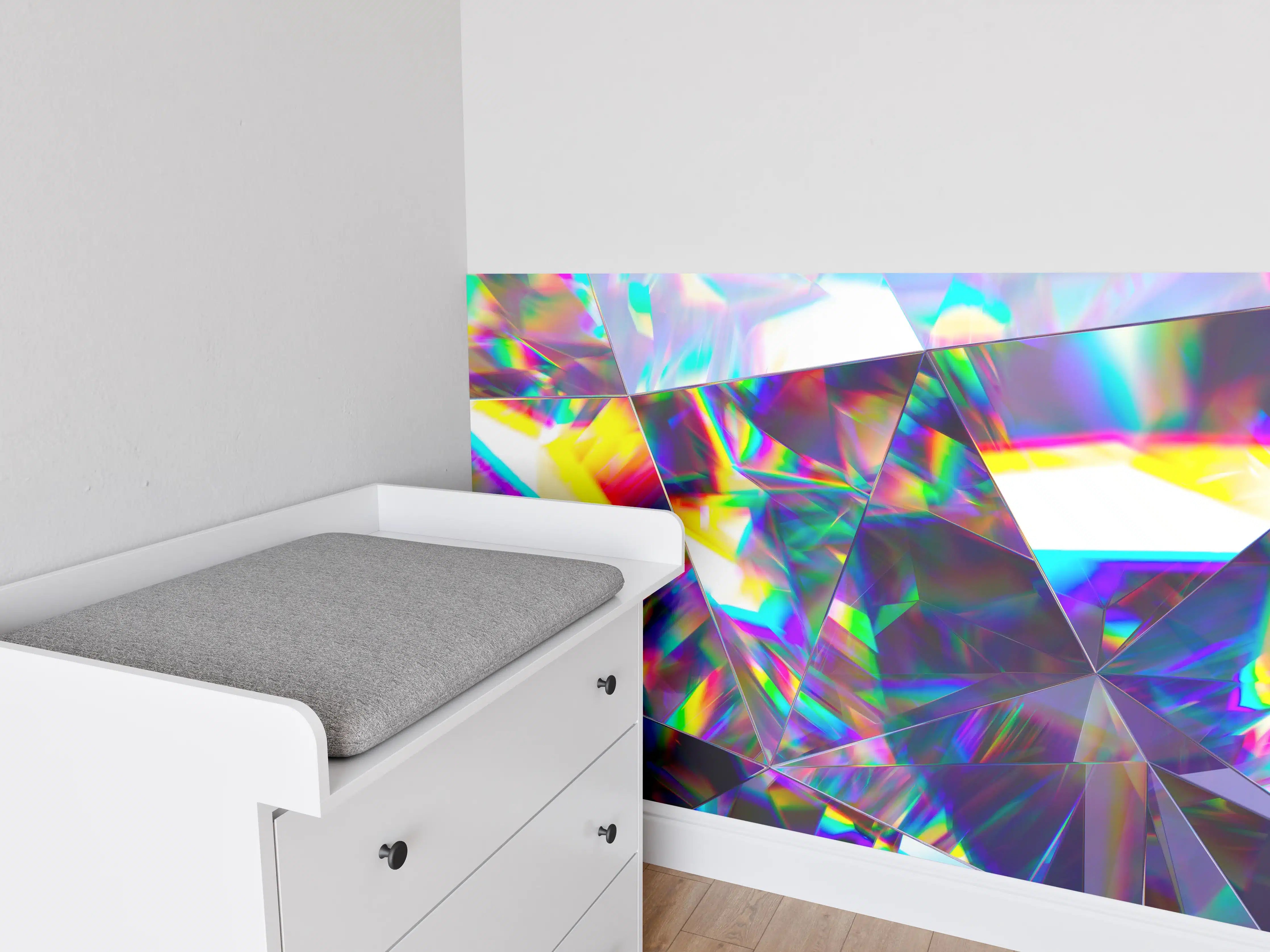 Babyzimmer Wandgestaltung - Buntes Prisma-Muster mit holografischem Glanz