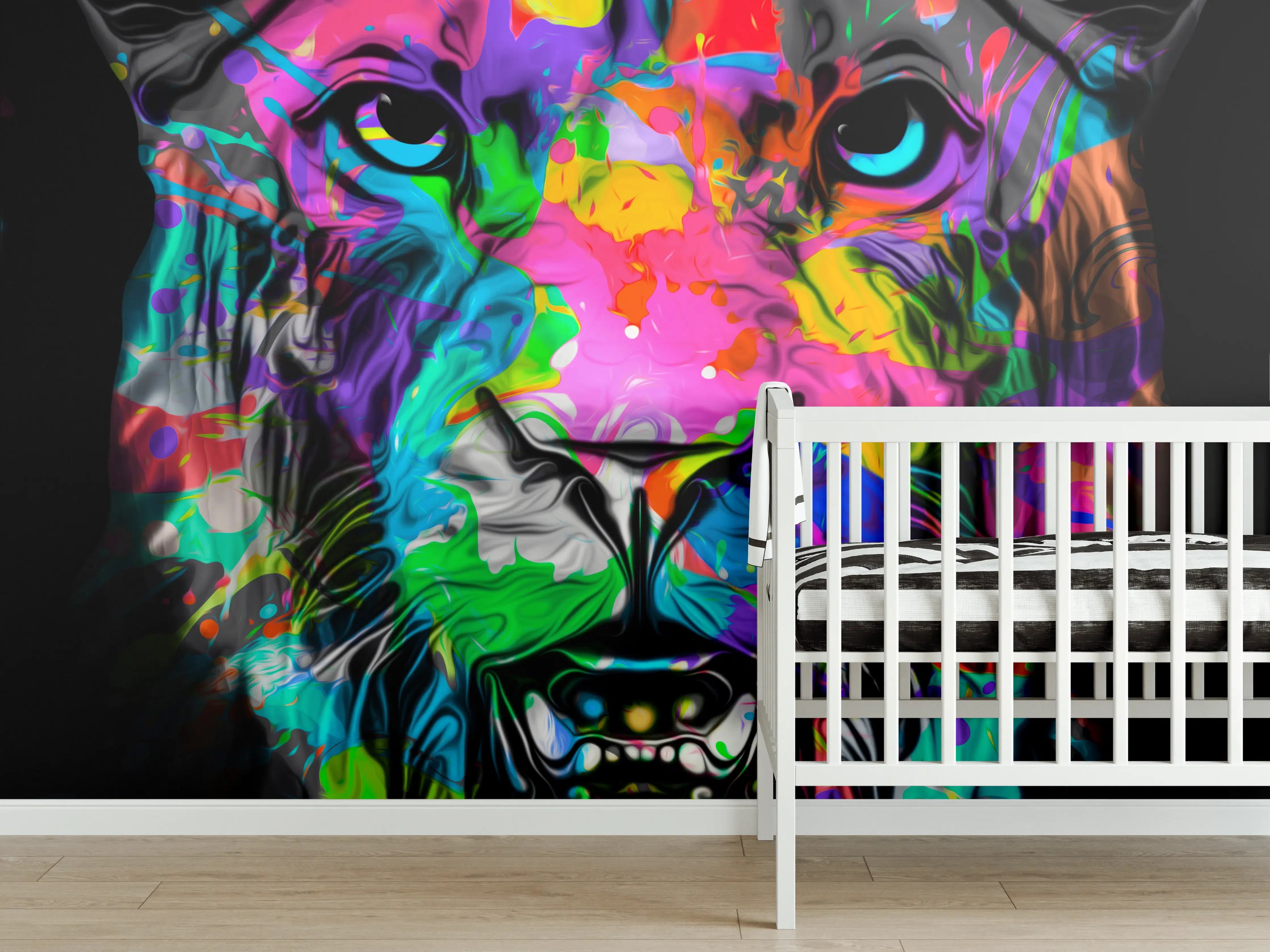 Babyzimmer Wandgestaltung - Buntes Tigerkopfdesign