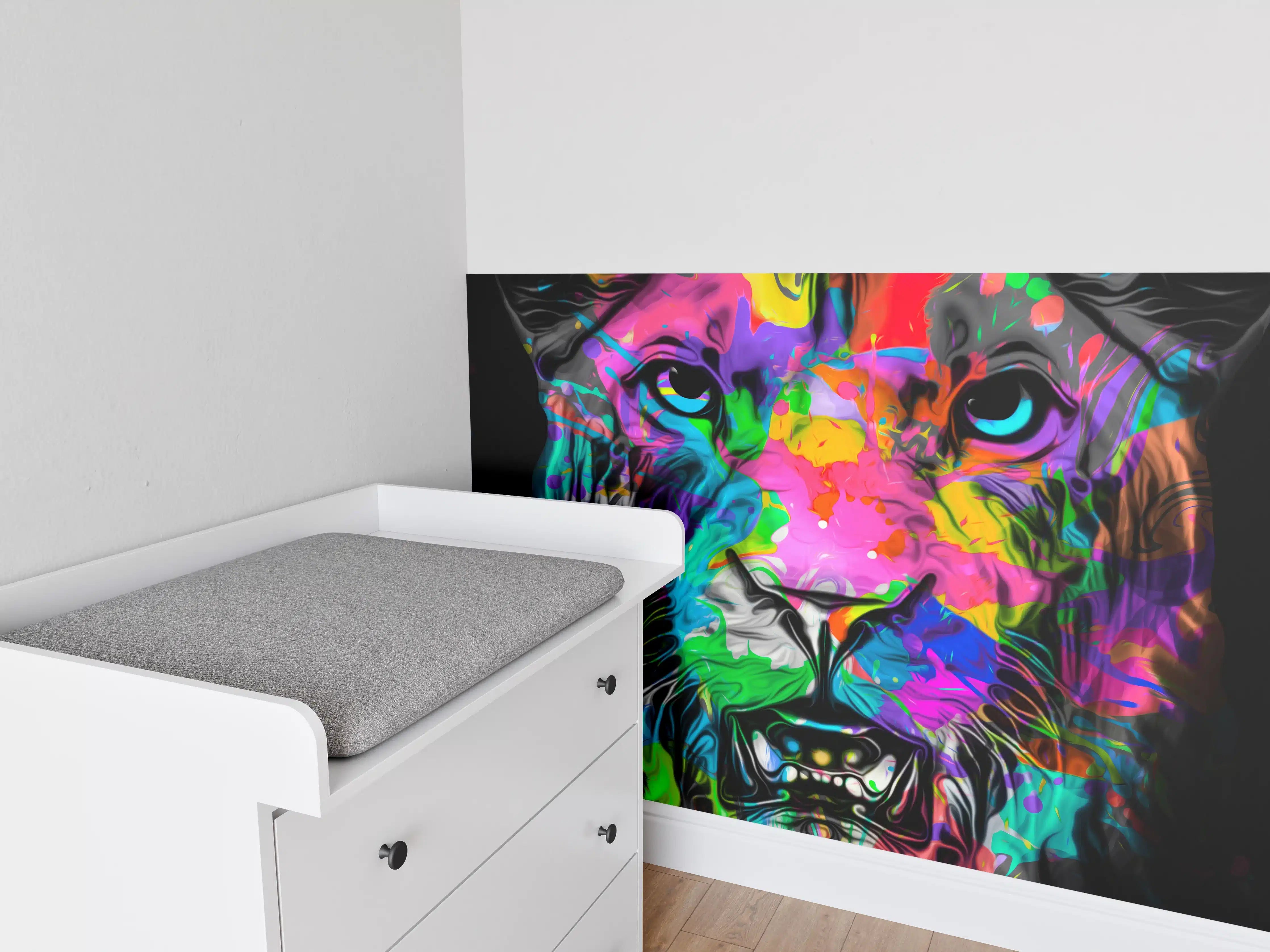 Babyzimmer Wandgestaltung - Buntes Tigerkopfdesign