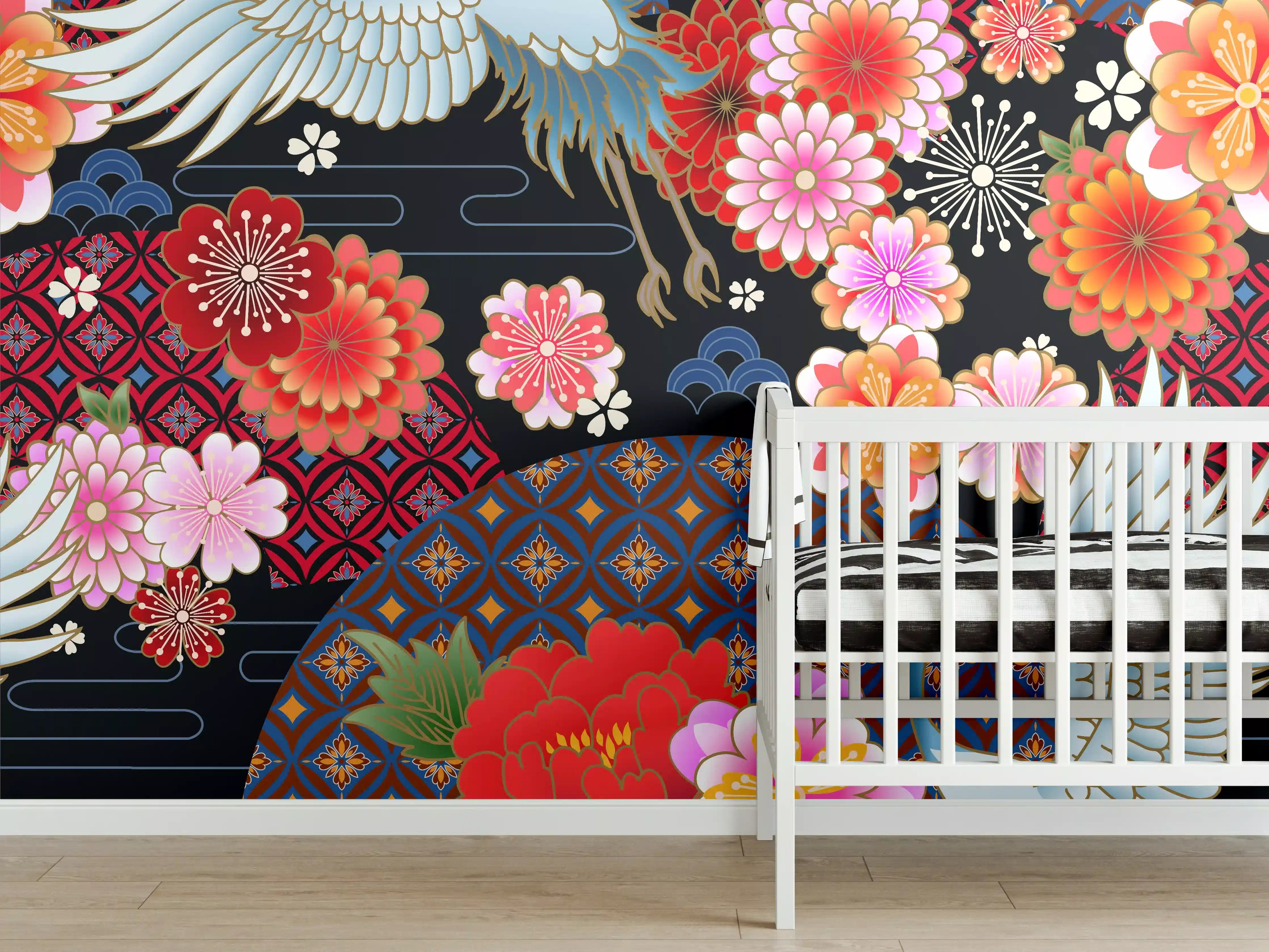 Babyzimmer Wandgestaltung - Buntes Vogel-Blumen-Muster