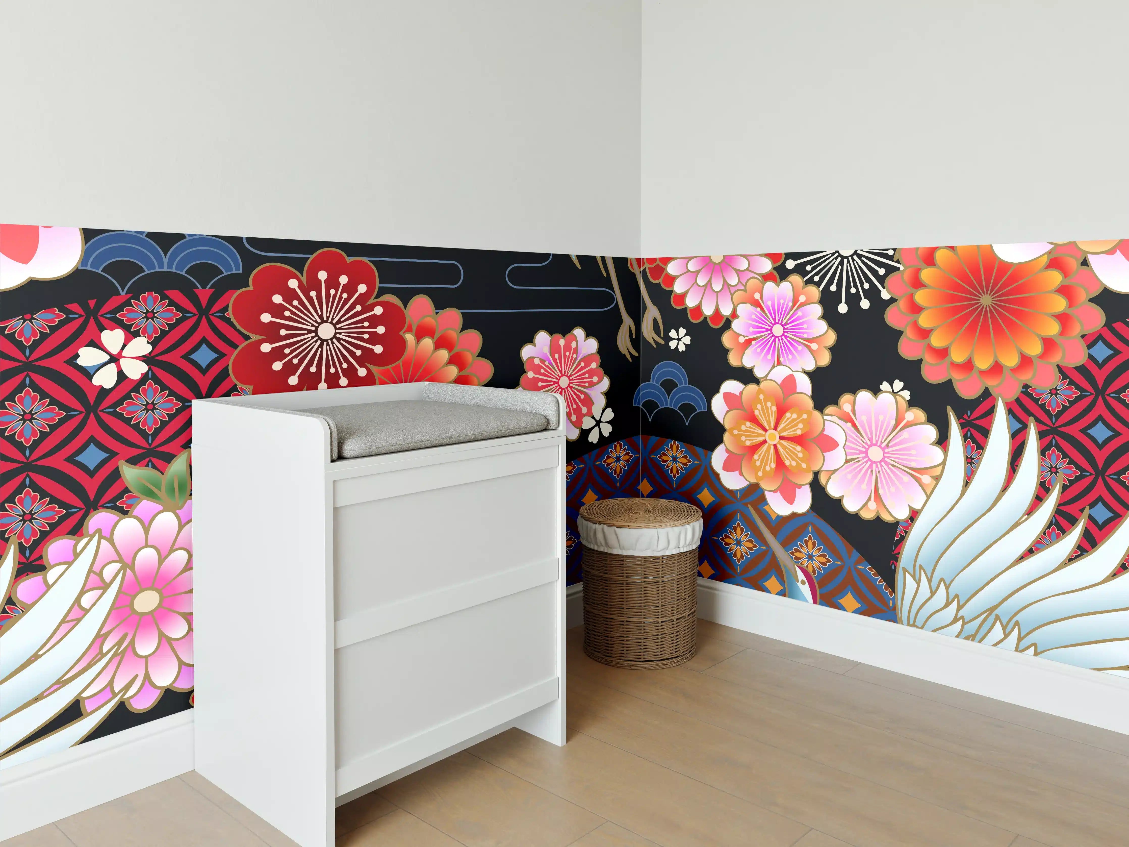 Babyzimmer Wandgestaltung - Buntes Vogel-Blumen-Muster