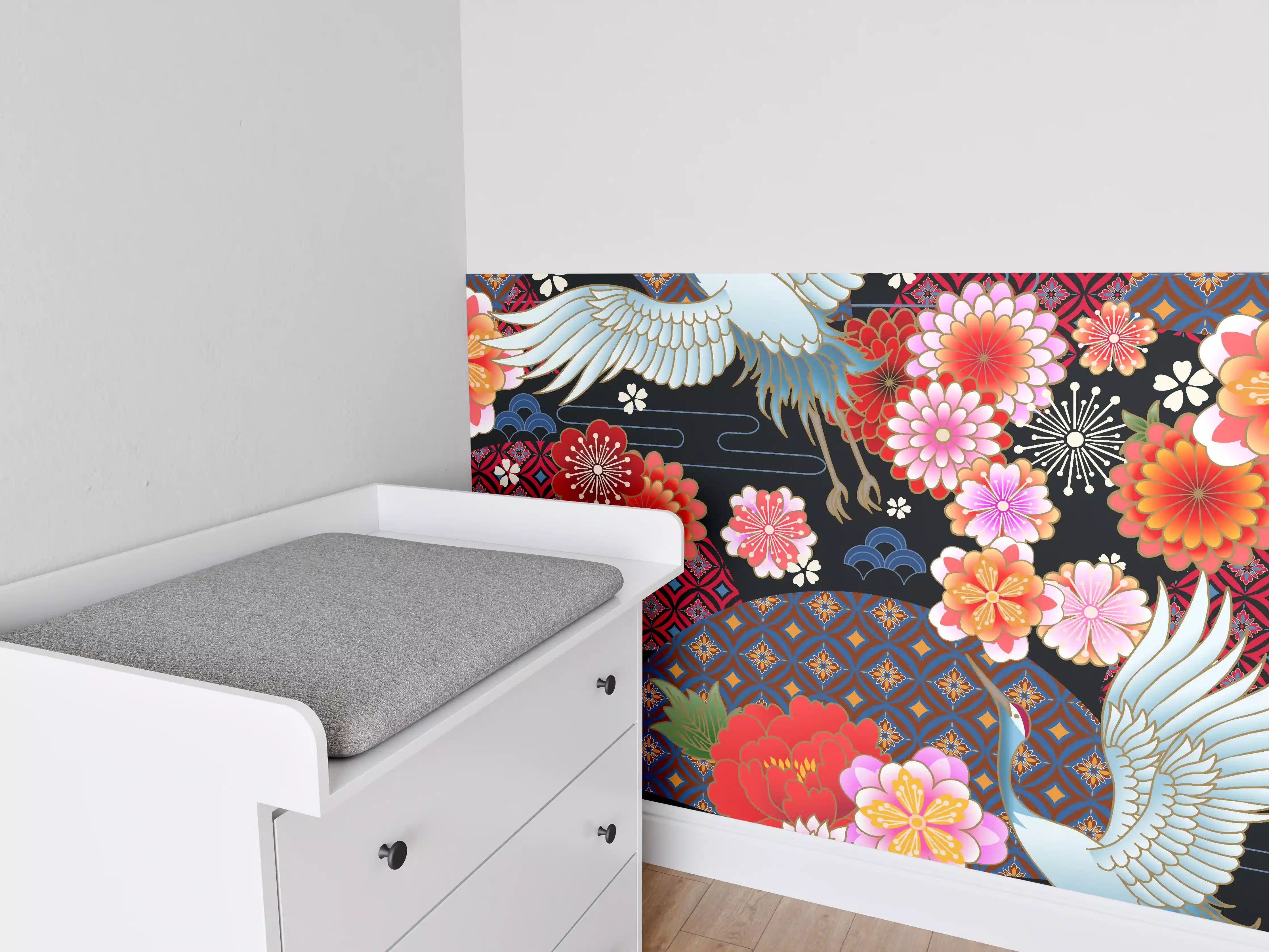 Babyzimmer Wandgestaltung - Buntes Vogel-Blumen-Muster