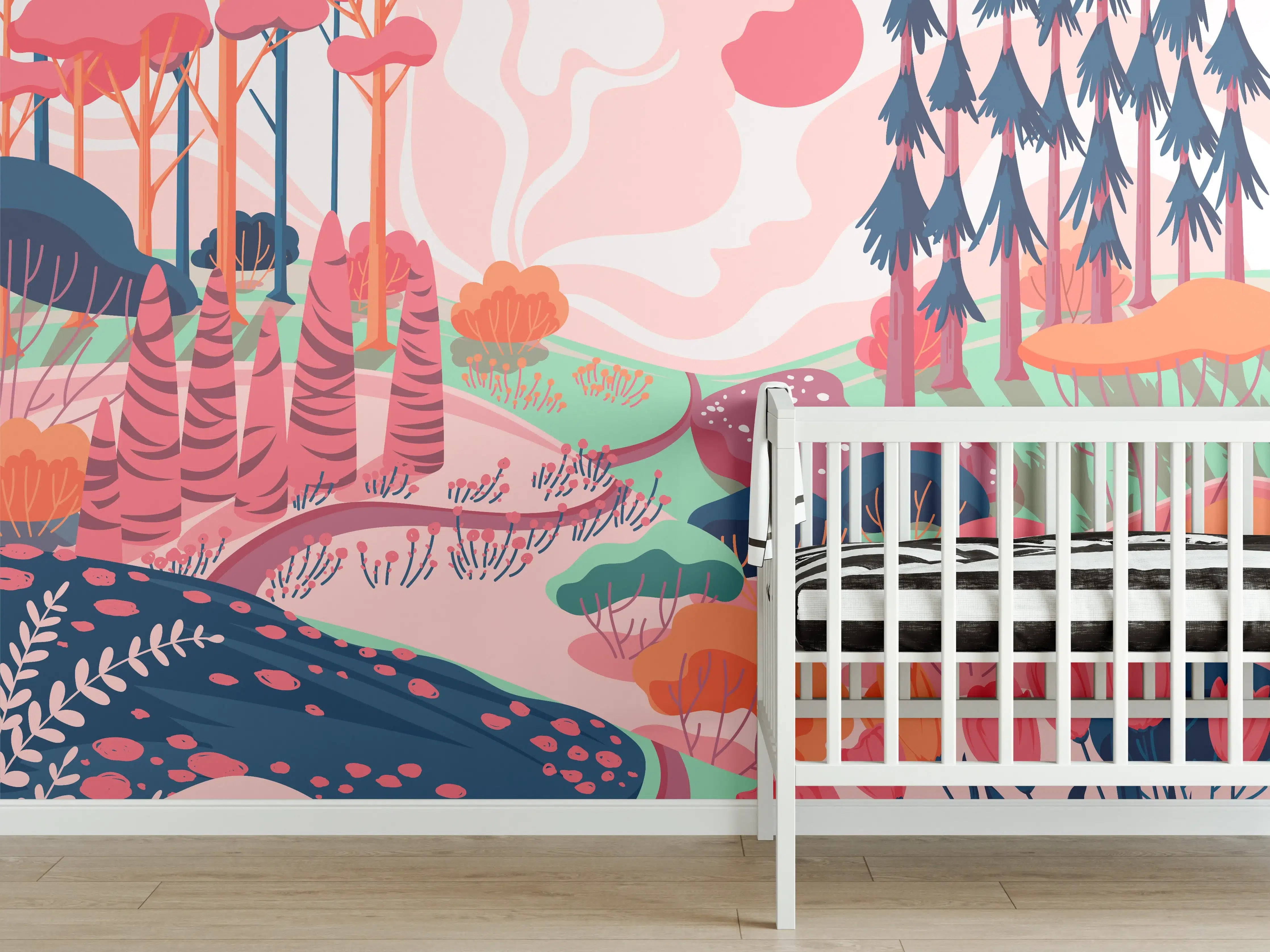 Babyzimmer Wandgestaltung - Buntes Waldlandschaft Illustration