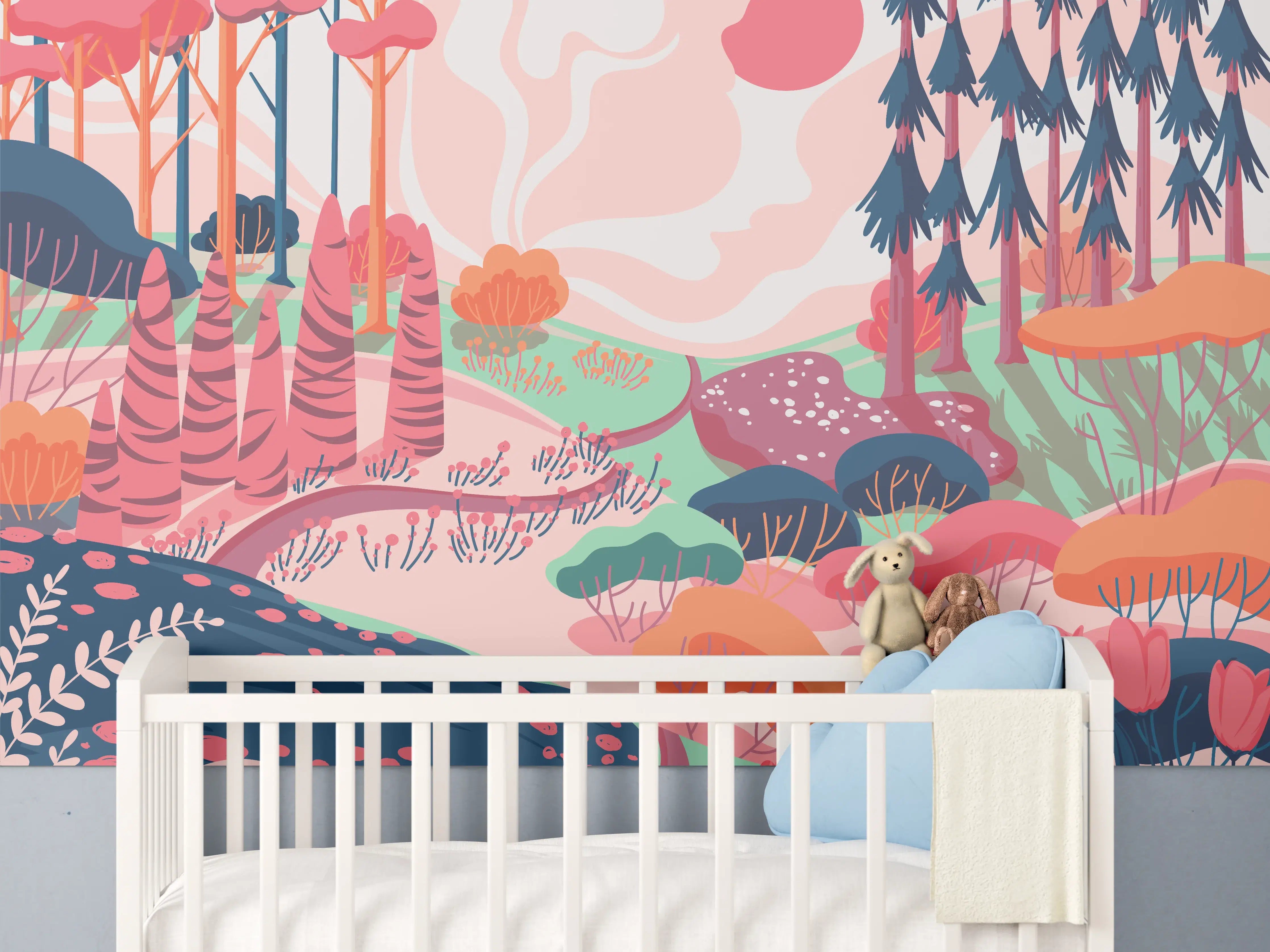 Babyzimmer Wandgestaltung - Buntes Waldlandschaft Illustration