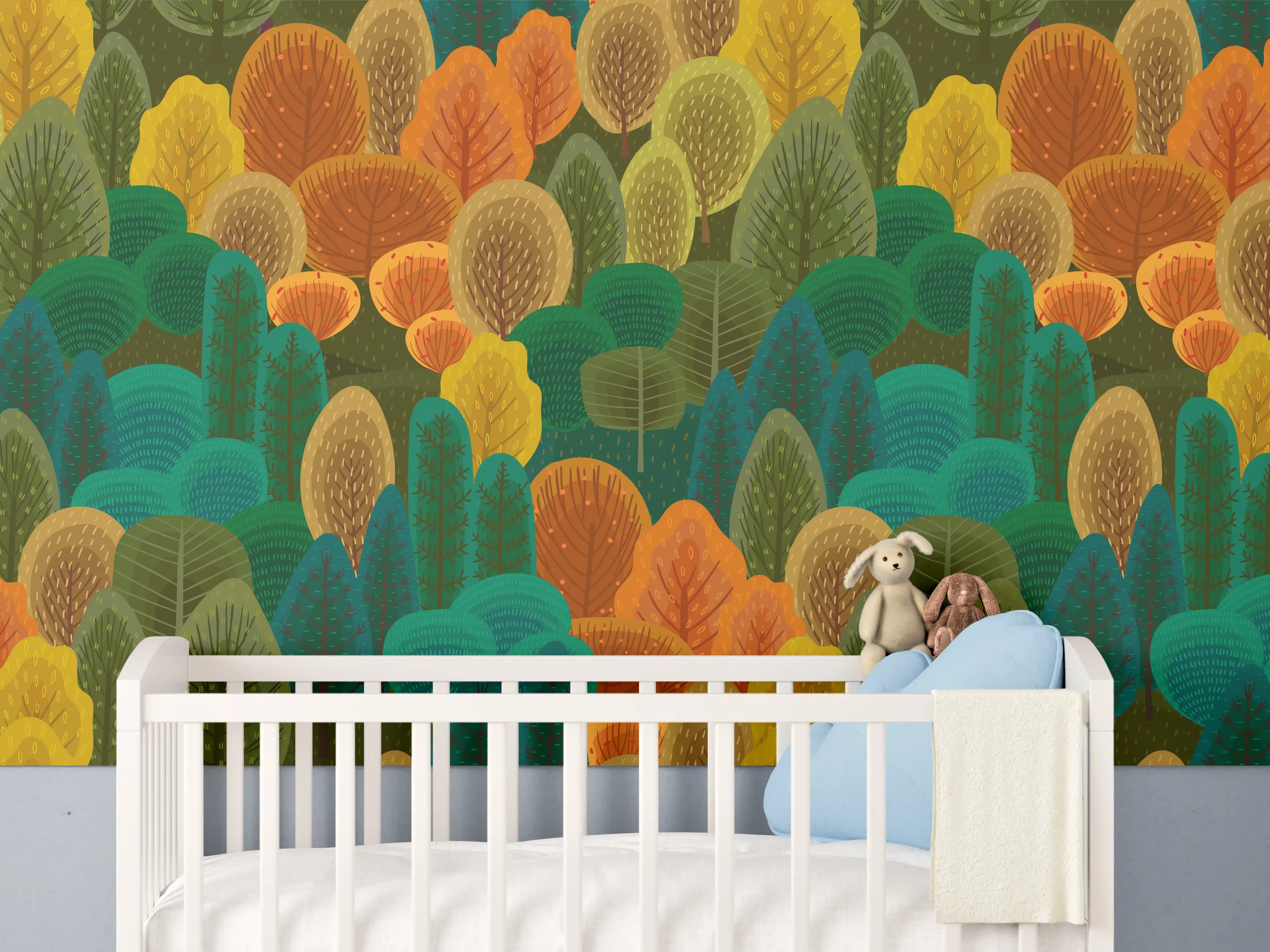 Babyzimmer Wandgestaltung - Buntes Waldmuster Design