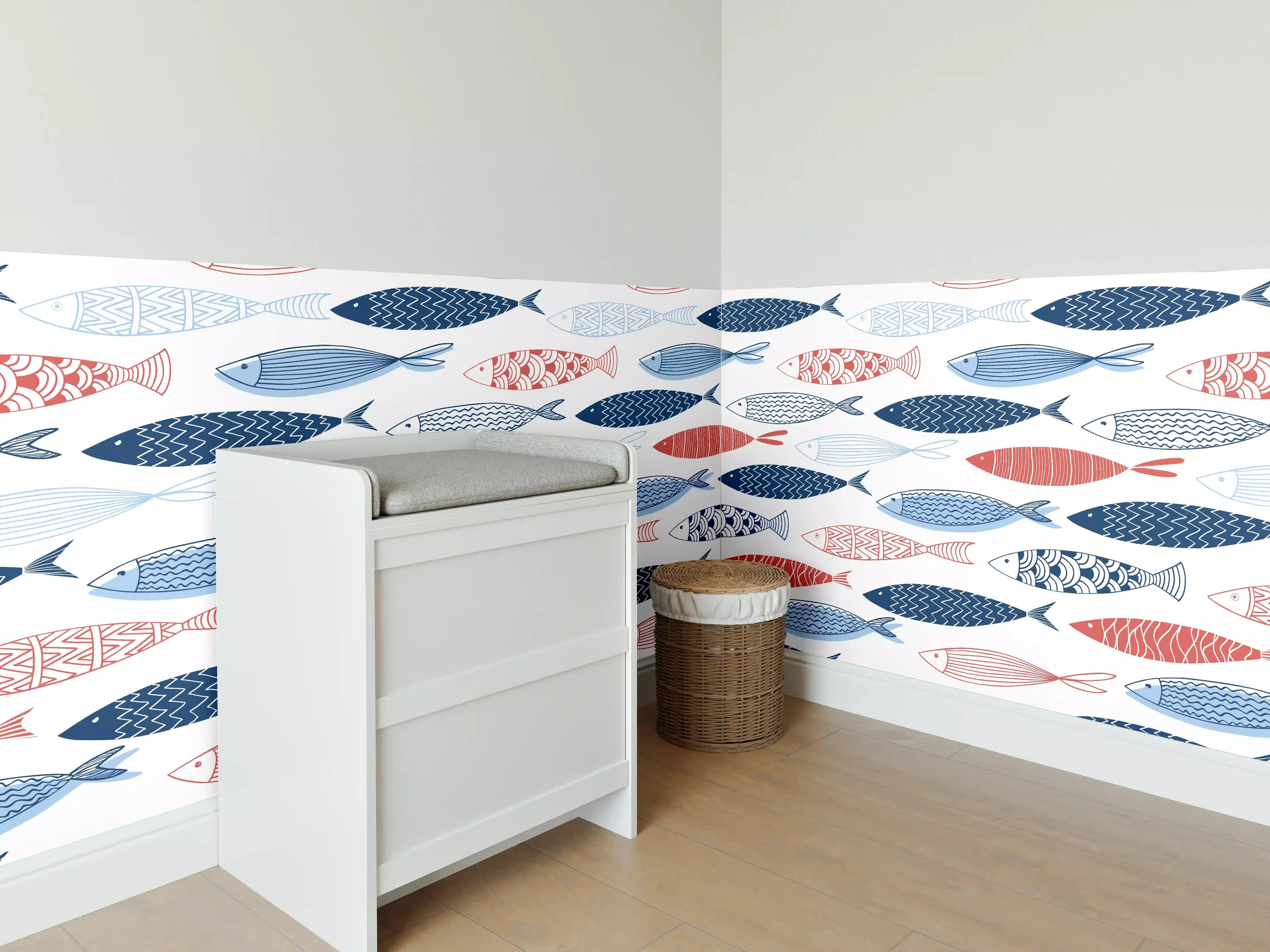 Babyzimmer Wandgestaltung - Cartoon-Fische Blau-Rot