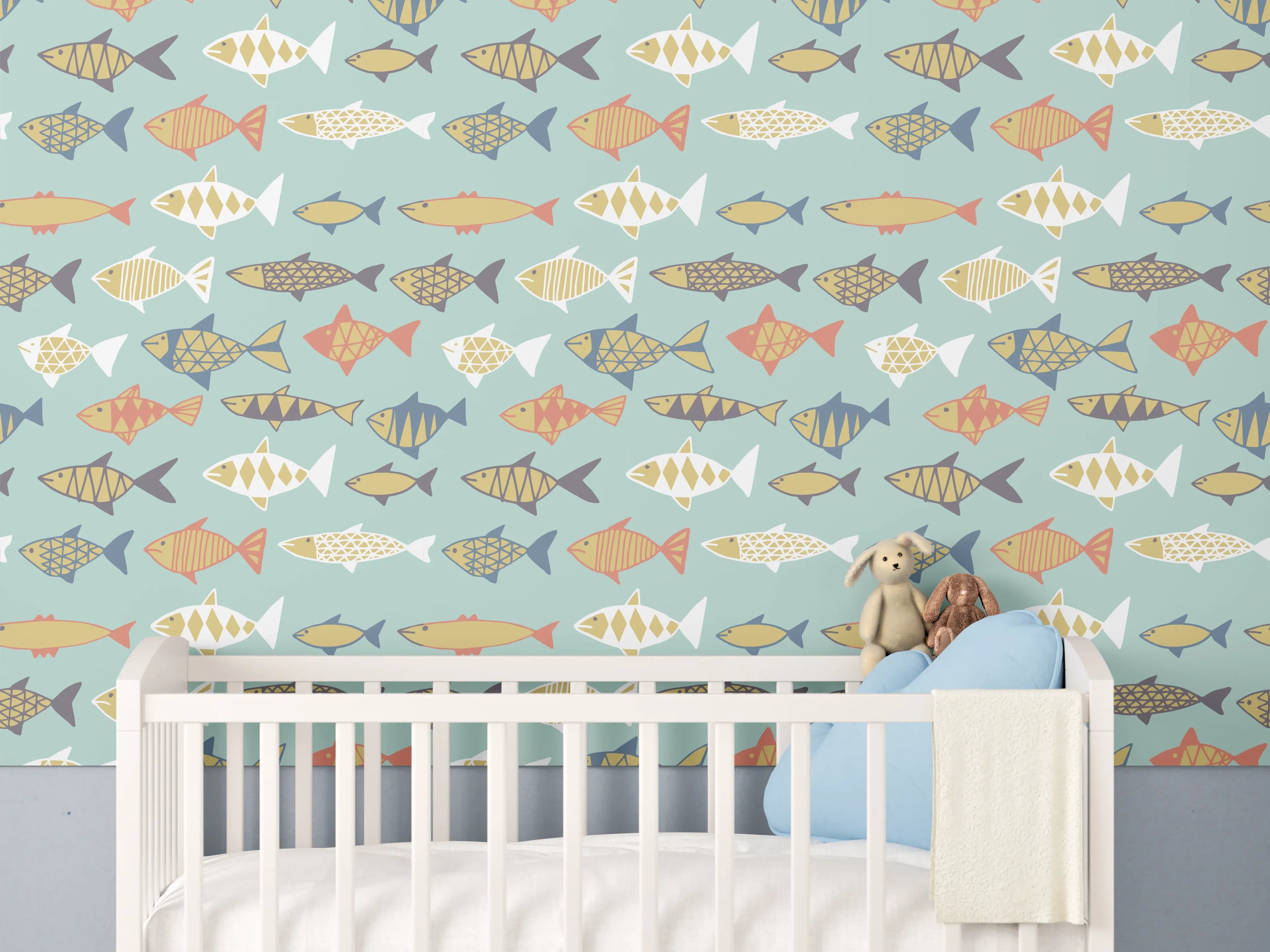 Babyzimmer Wandgestaltung - Cartoon-Fische Türkis-Orange Muster