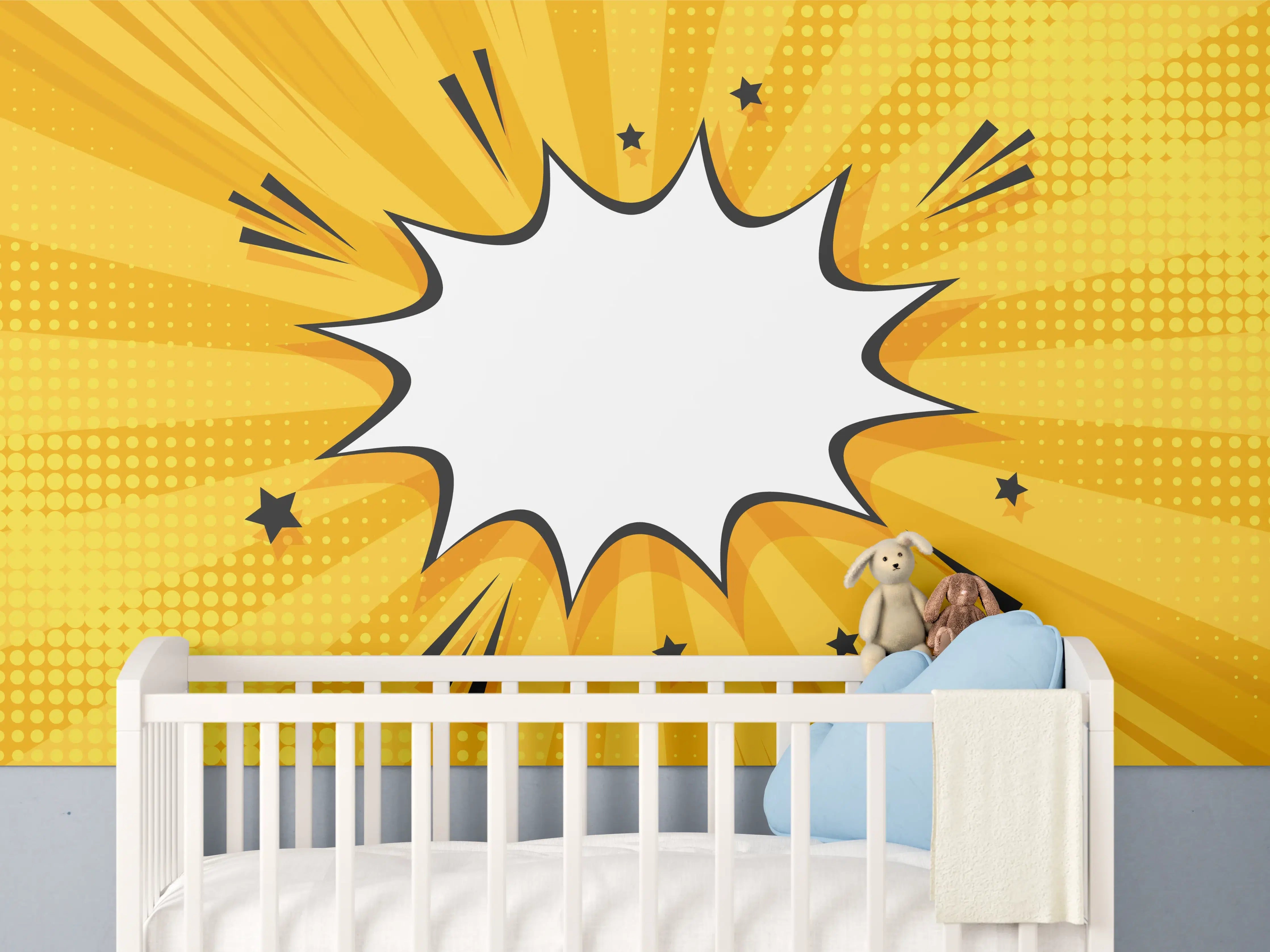 Babyzimmer Wandgestaltung - Comic-Explosion mit gelbem Hintergrund