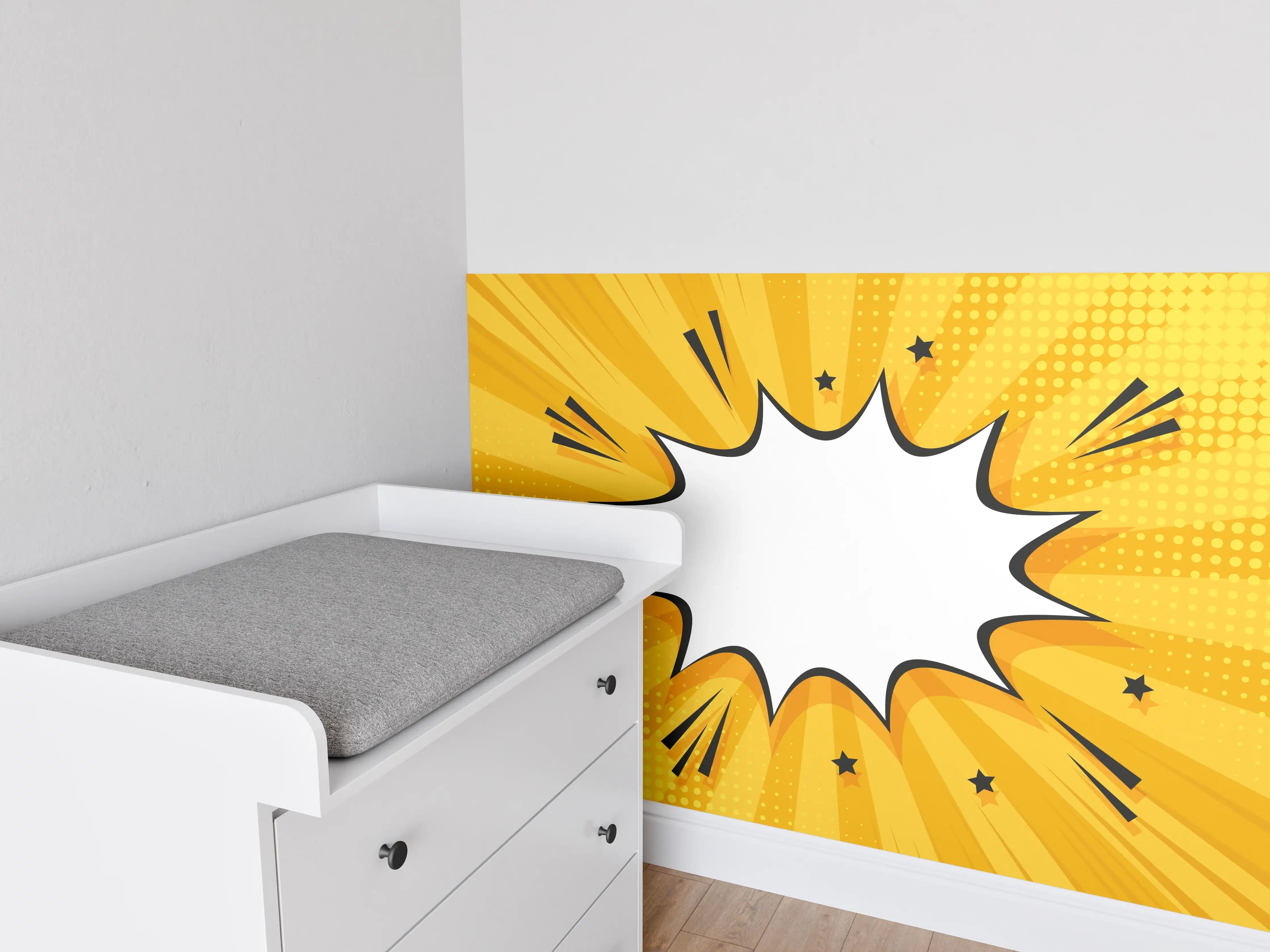 Babyzimmer Wandgestaltung - Comic-Explosion mit gelbem Hintergrund