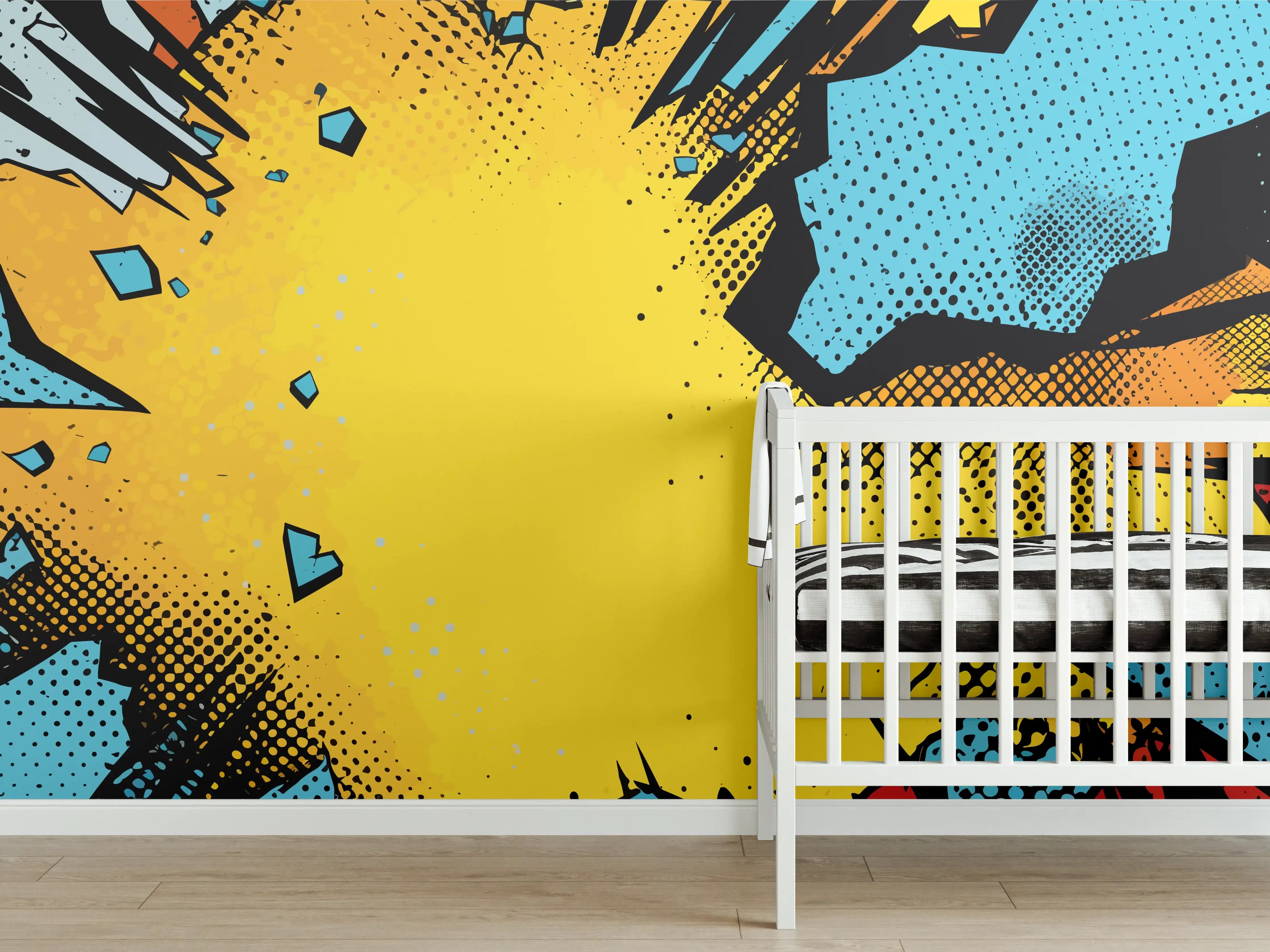 Babyzimmer Wandgestaltung - Comic-Style Explosionskunst in Blau und Gelb