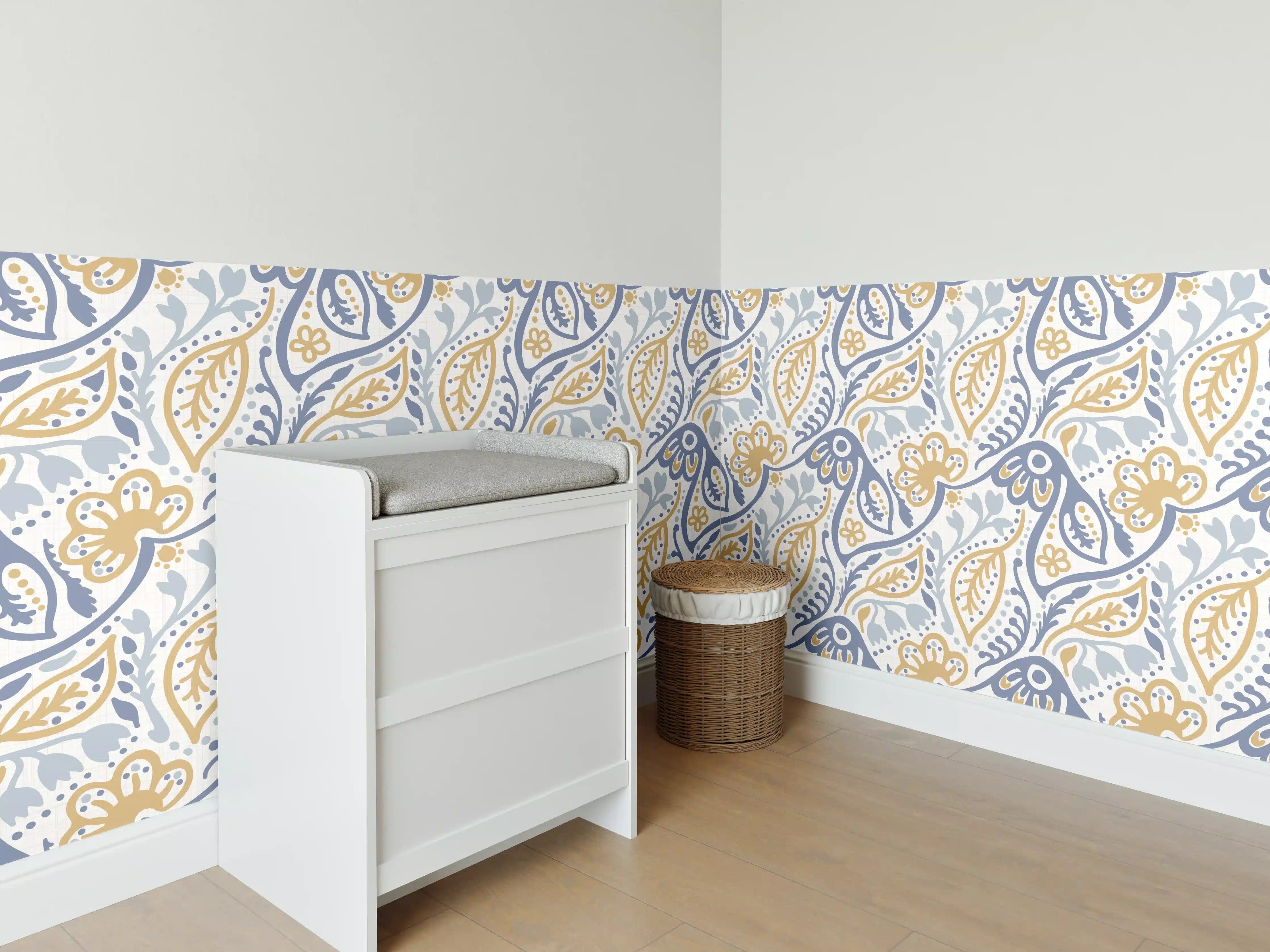 Babyzimmer Wandgestaltung - Damastmuster Nahtlos Blau Gelb