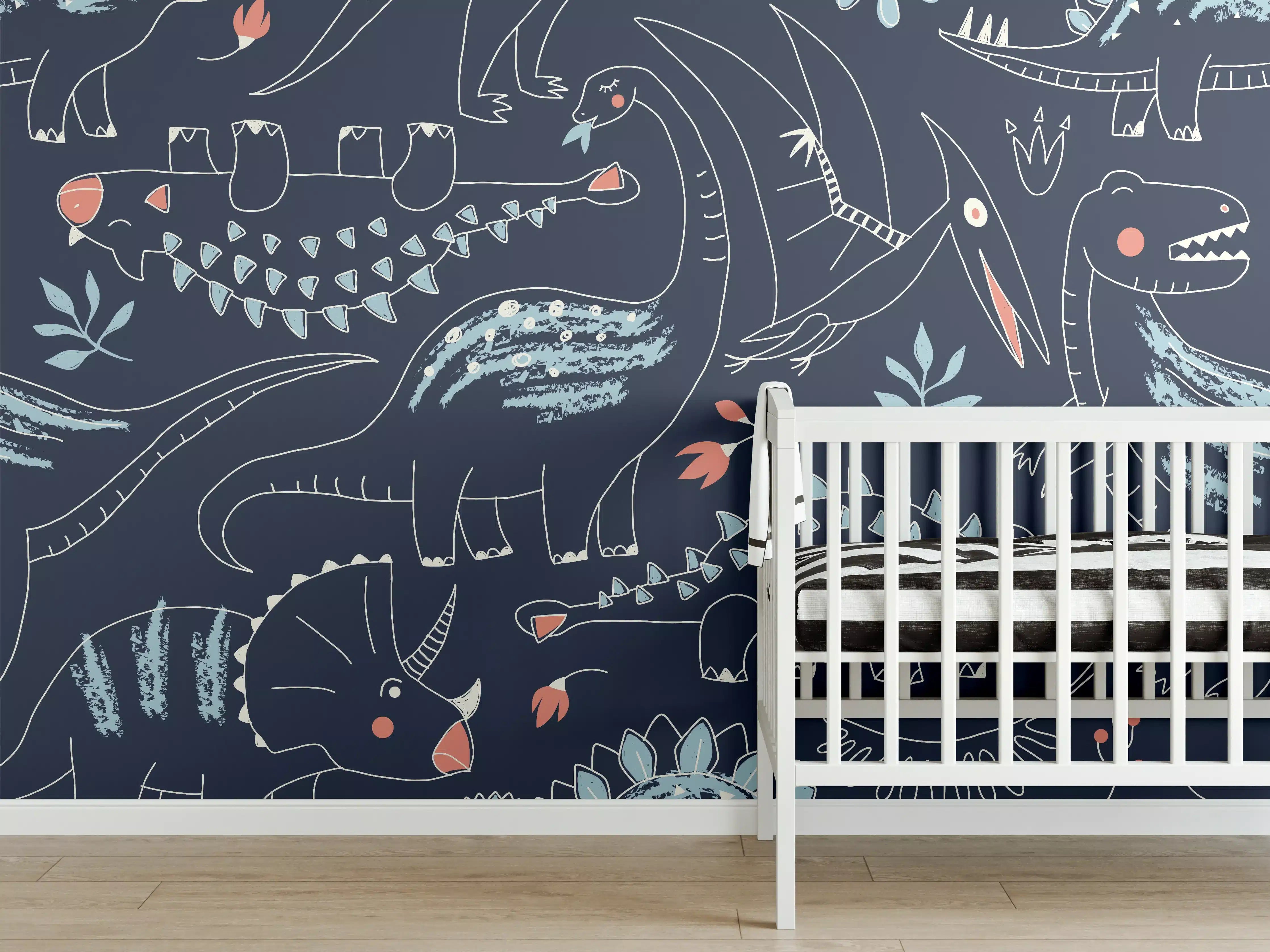 Babyzimmer Wandgestaltung - Dinosaurier Muster Dunkelblau