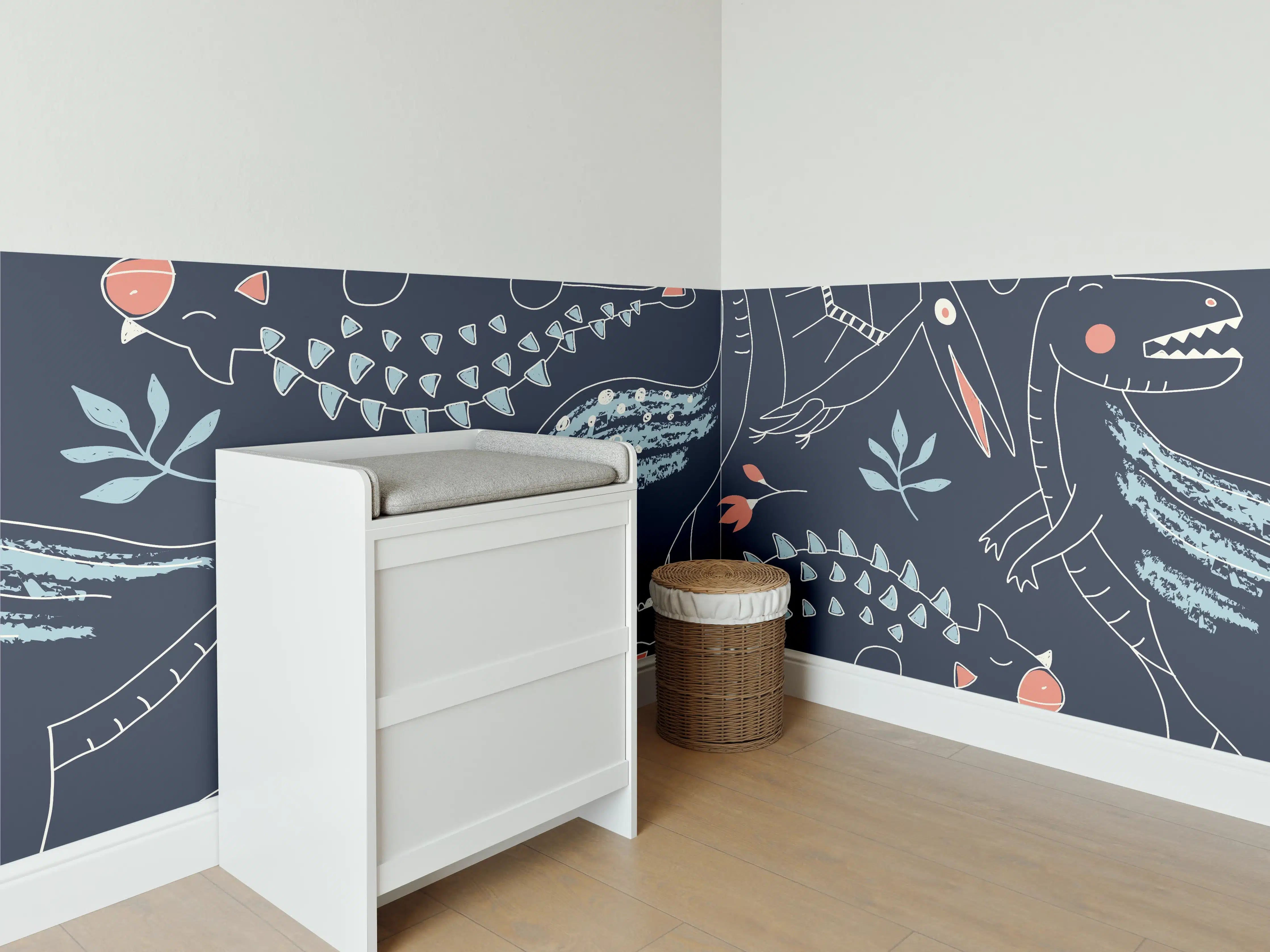 Babyzimmer Wandgestaltung - Dinosaurier Muster Dunkelblau