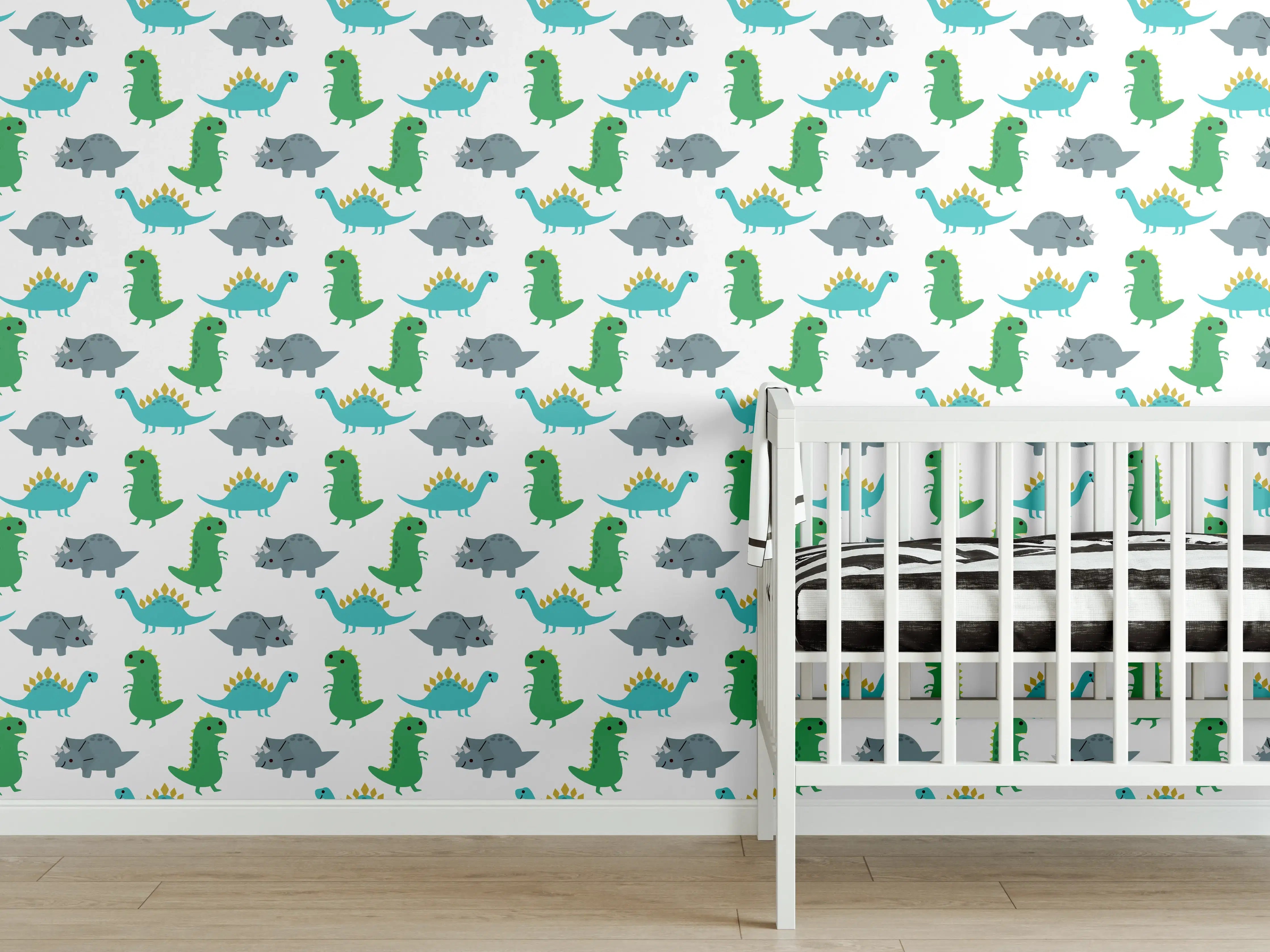 Babyzimmer Wandgestaltung - Dinosaurier Muster in Blau und Grün