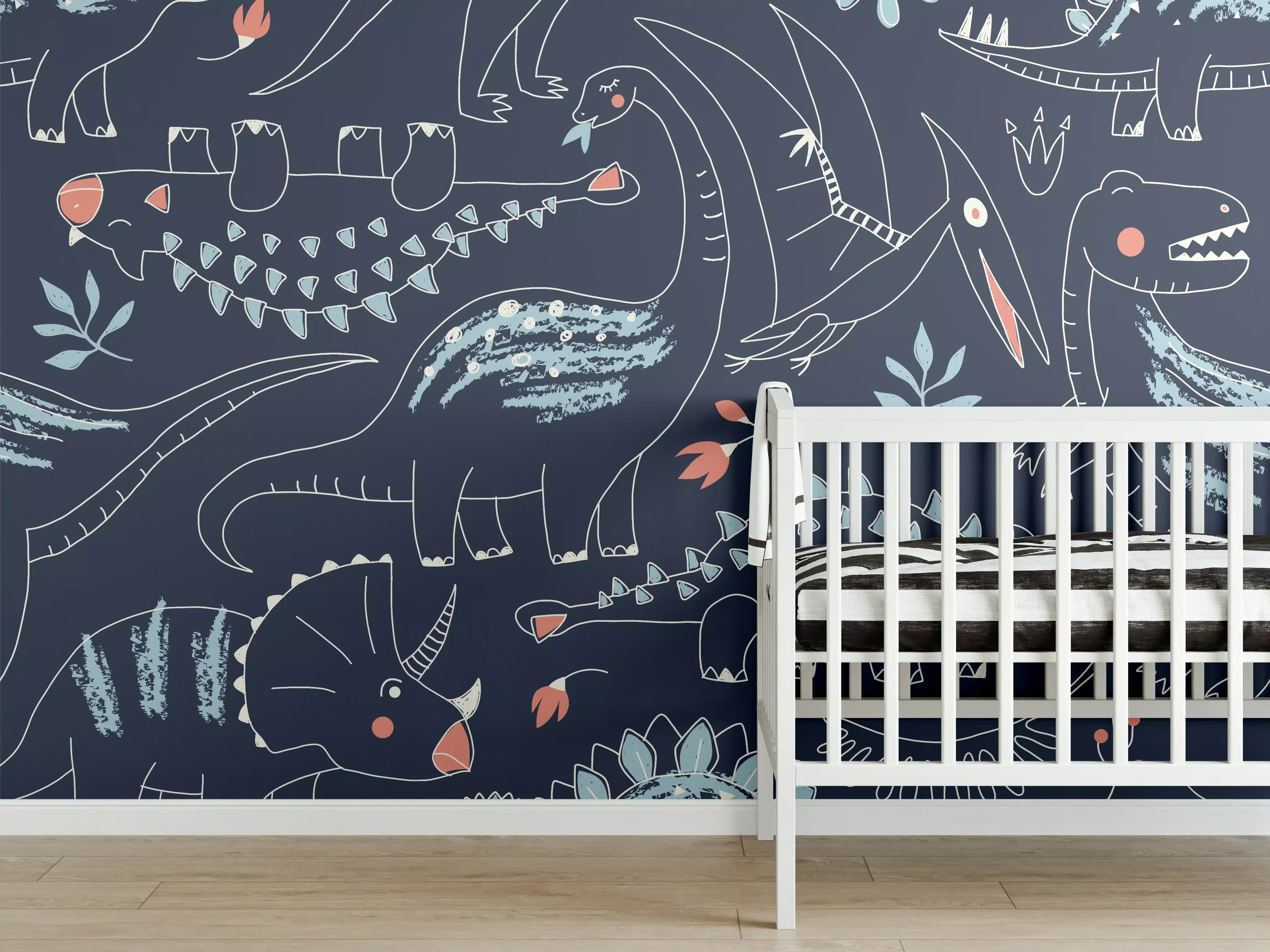 Babyzimmer Wandgestaltung - Dinosaurier Schablonenmuster in Dunkelblau und Grautönen