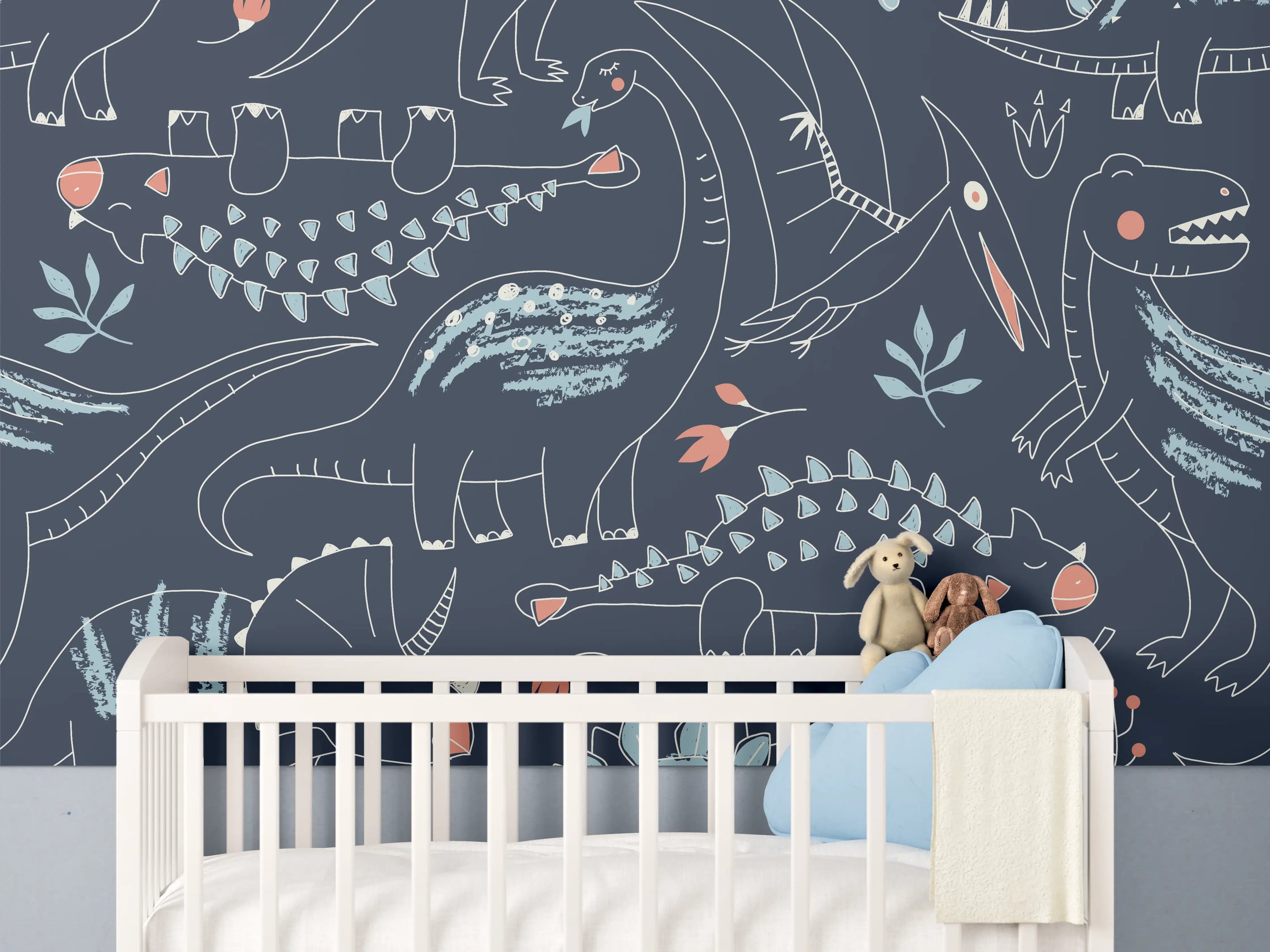 Babyzimmer Wandgestaltung - Dinosaurier Schablonenmuster in Dunkelblau und Grautönen