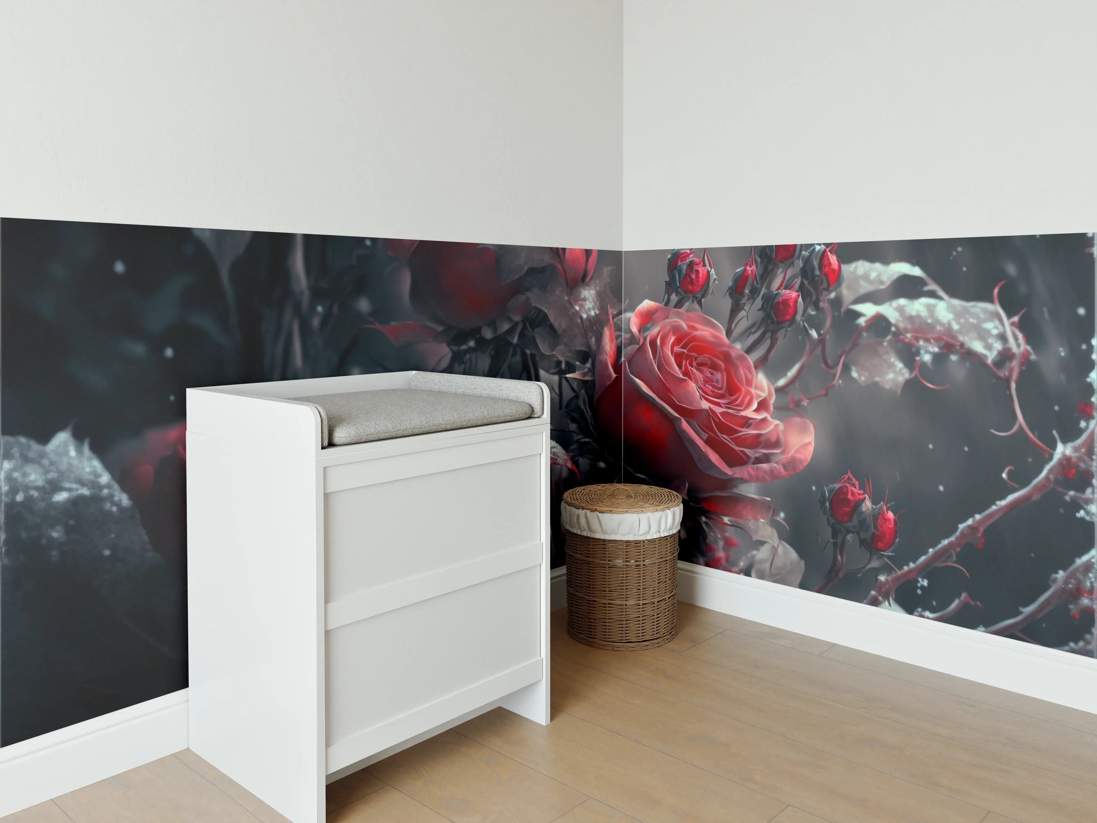 Babyzimmer Wandgestaltung - Dramatische Rosen in dunkler Szenerie