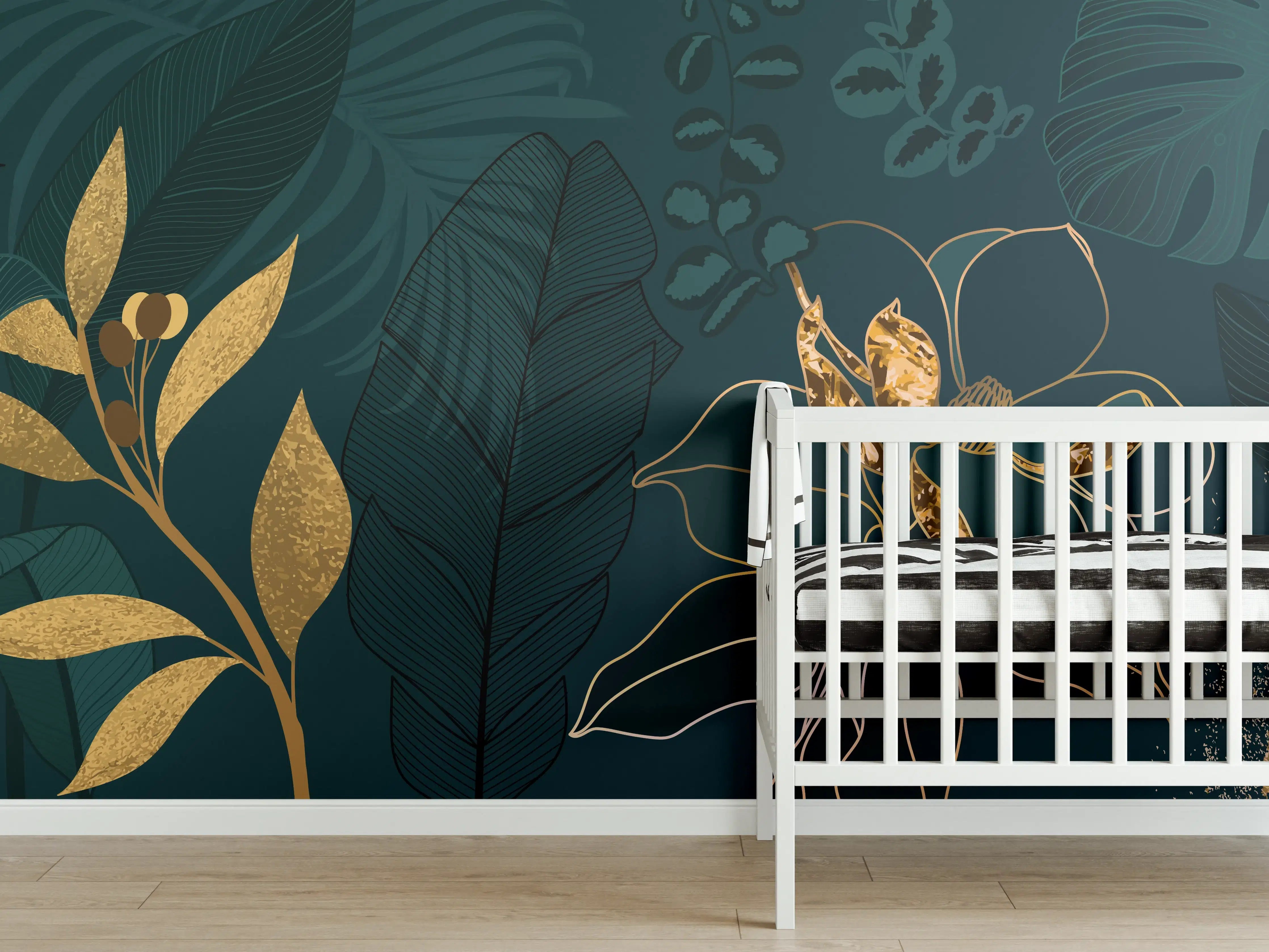 Babyzimmer Wandgestaltung - Dschungel-Blatt-Gold-Linie