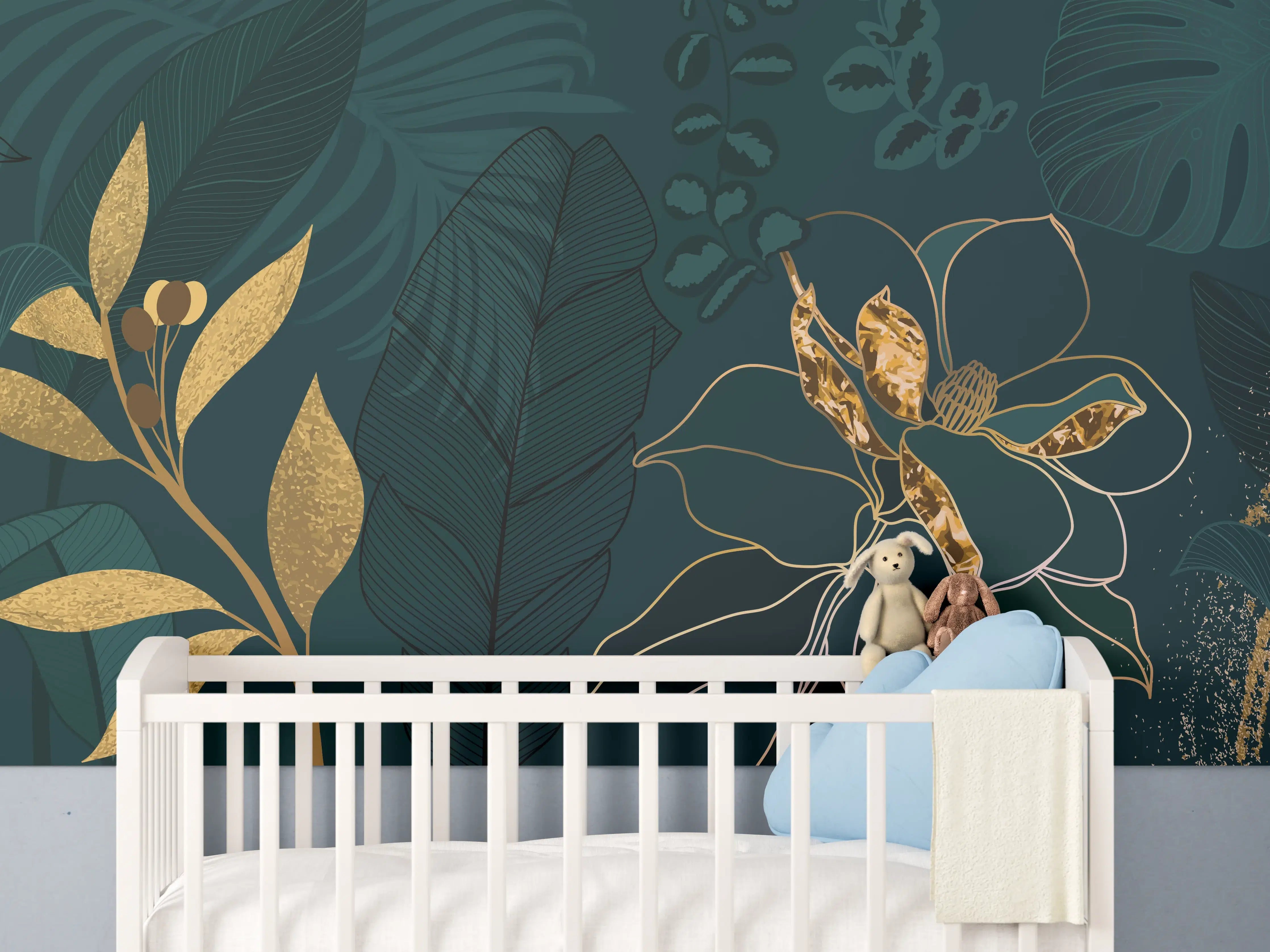 Babyzimmer Wandgestaltung - Dschungel-Blatt-Gold-Linie