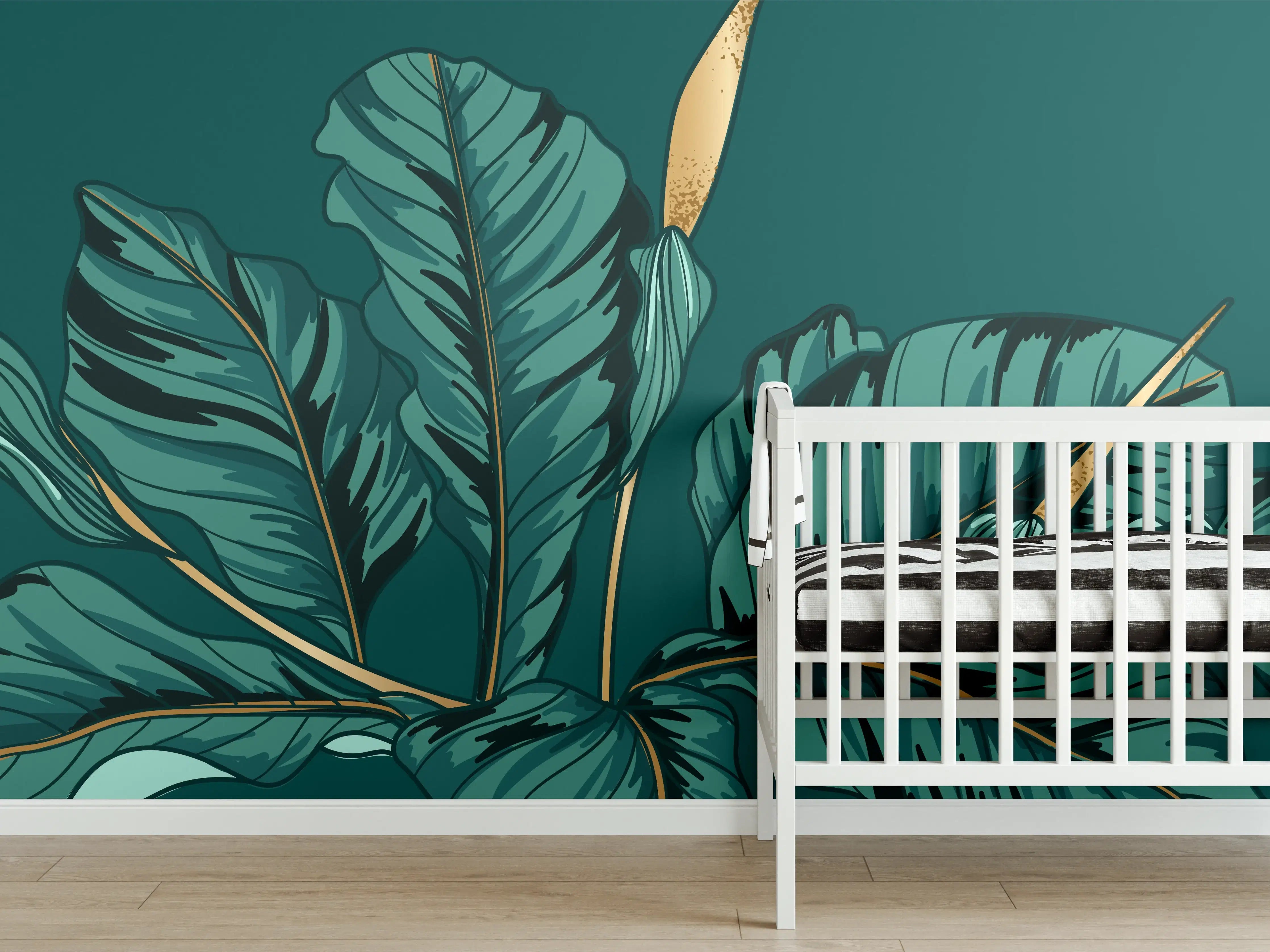 Babyzimmer Wandgestaltung - Dschungel-Grün-Blatt-Design