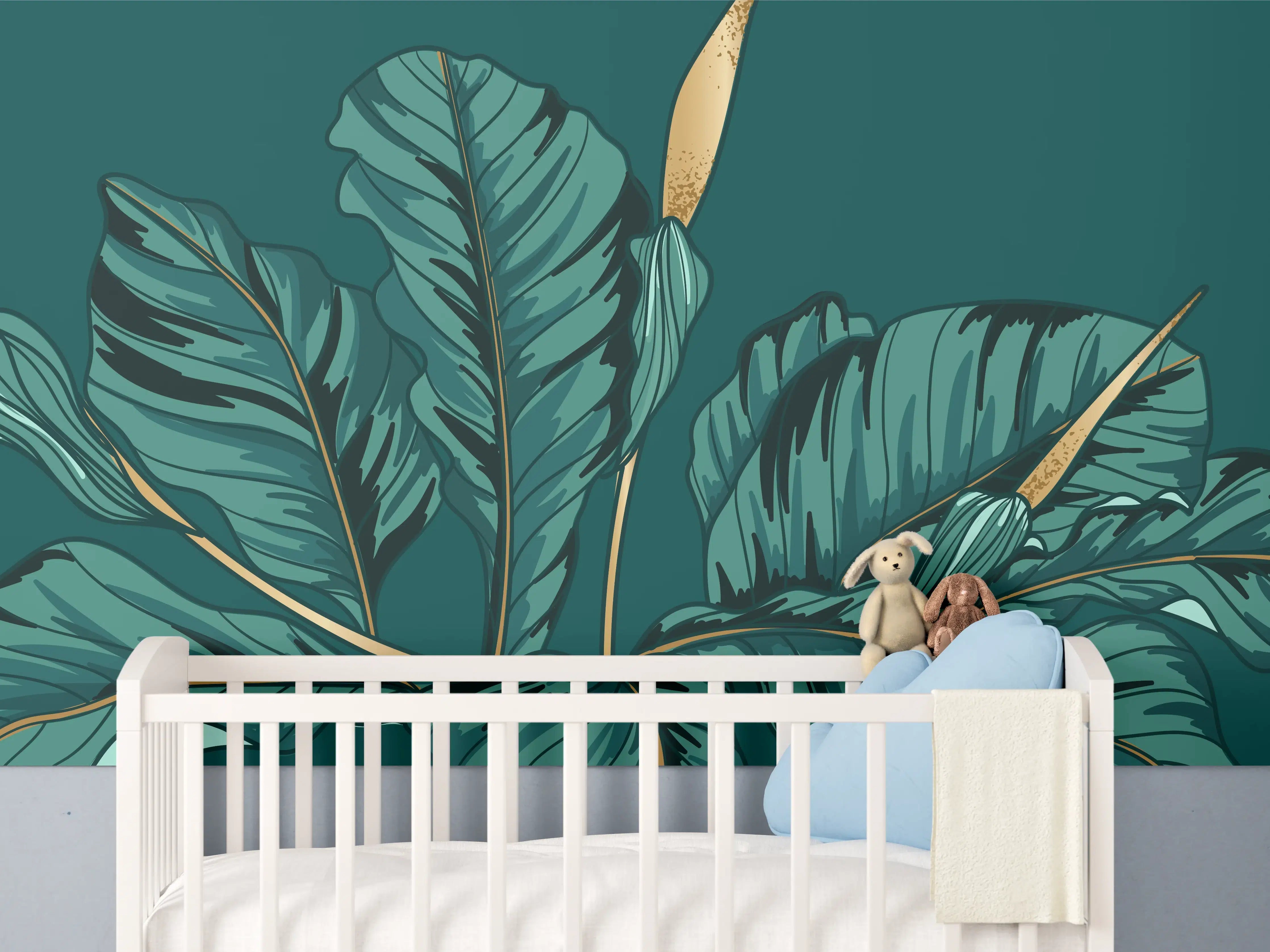 Babyzimmer Wandgestaltung - Dschungel-Grün-Blatt-Design