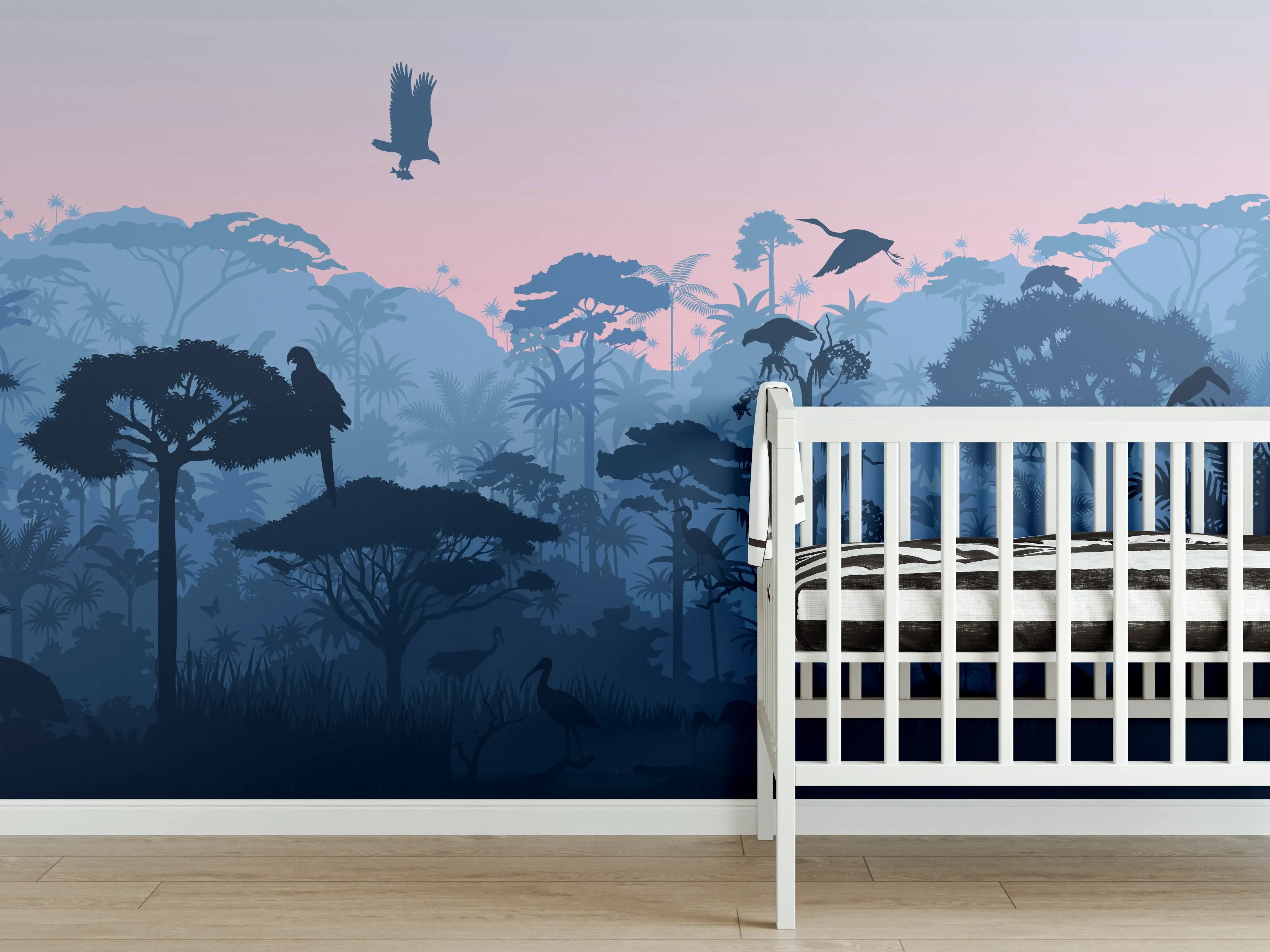 Babyzimmer Wandgestaltung - Dschungel Silhouette bei Dämmerung