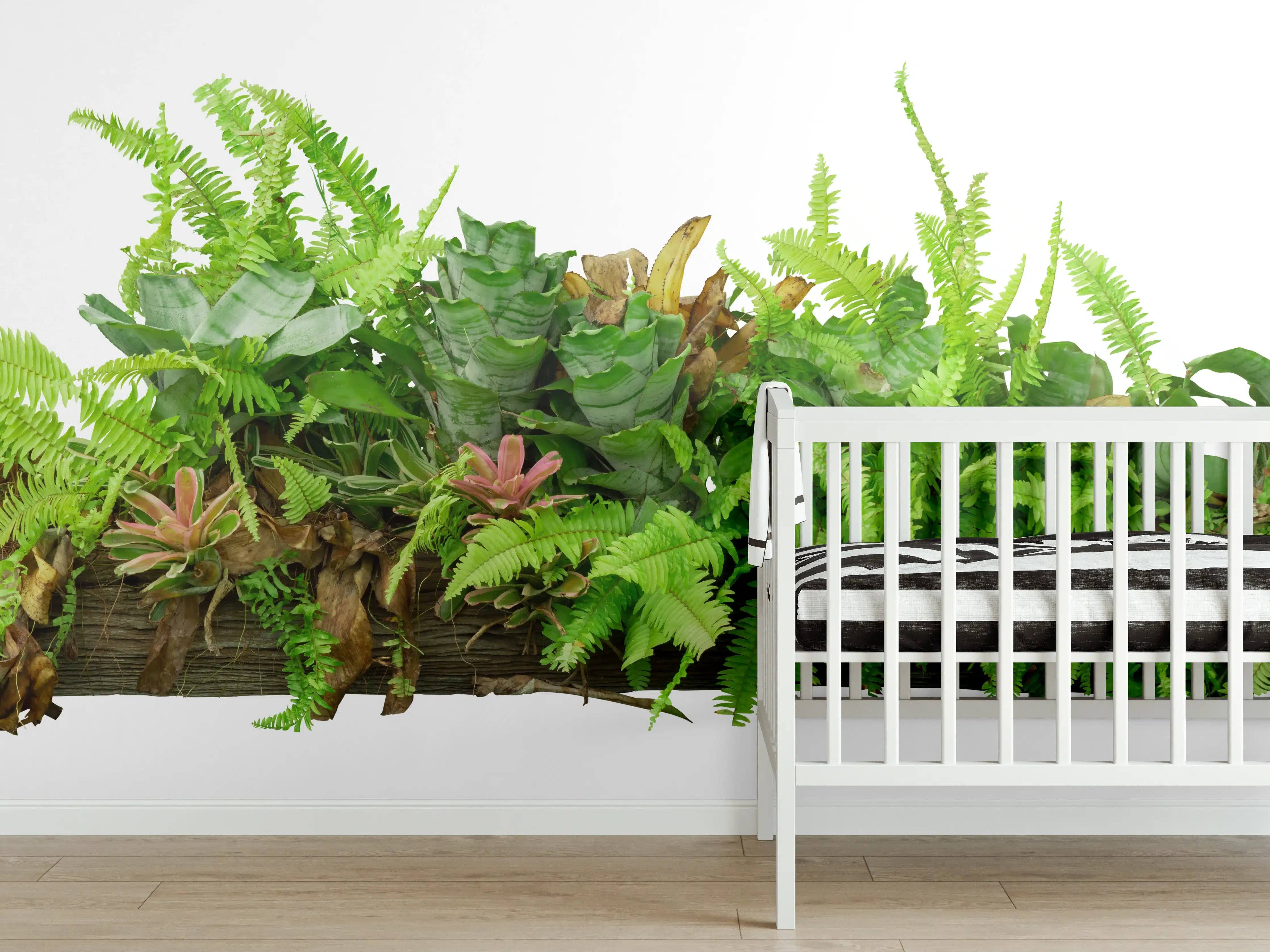 Babyzimmer Wandgestaltung - Dschungelpflanzen auf Holzstamm