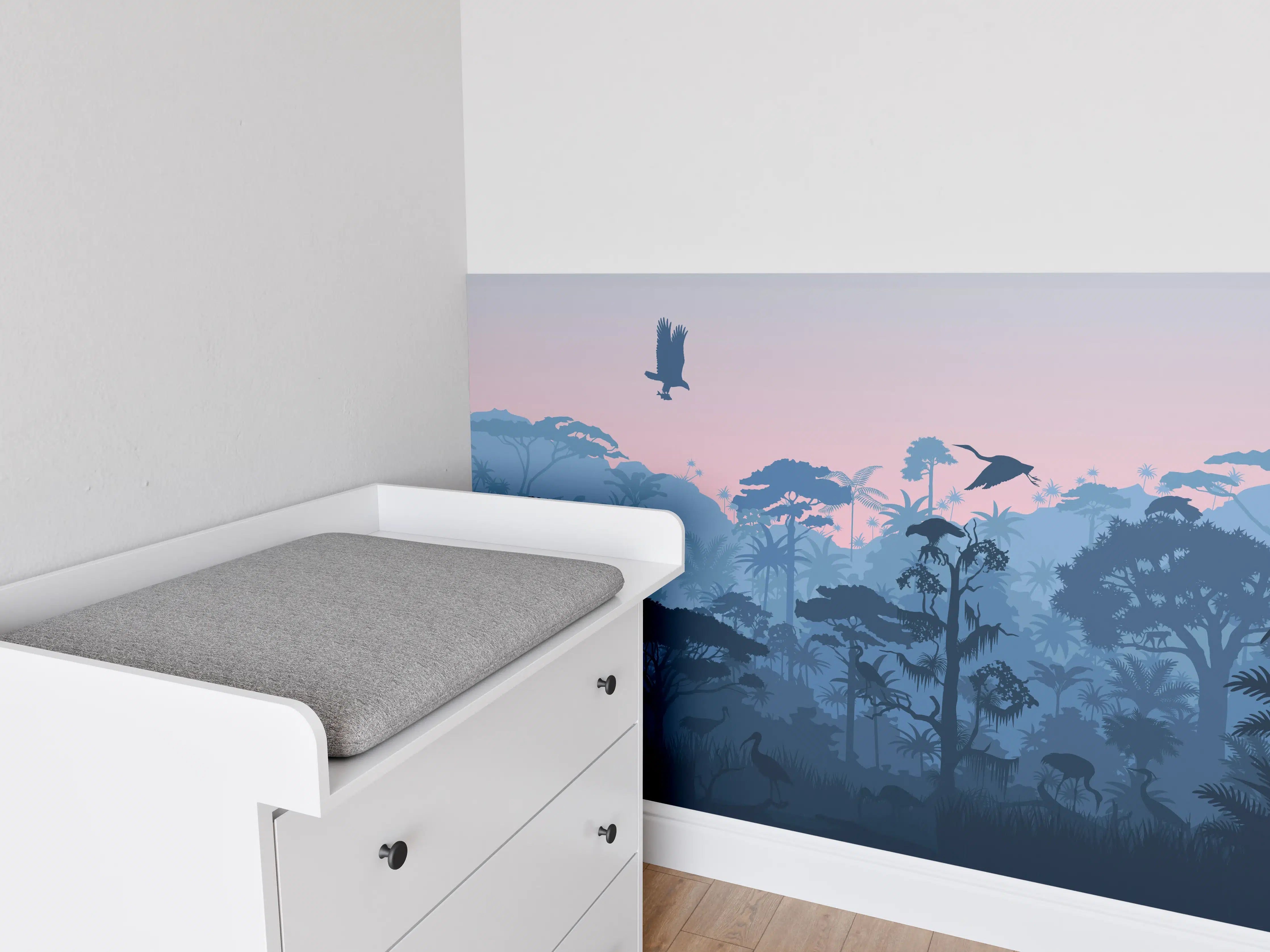 Babyzimmer Wandgestaltung - Dschungelsilhouette bei Dämmerung