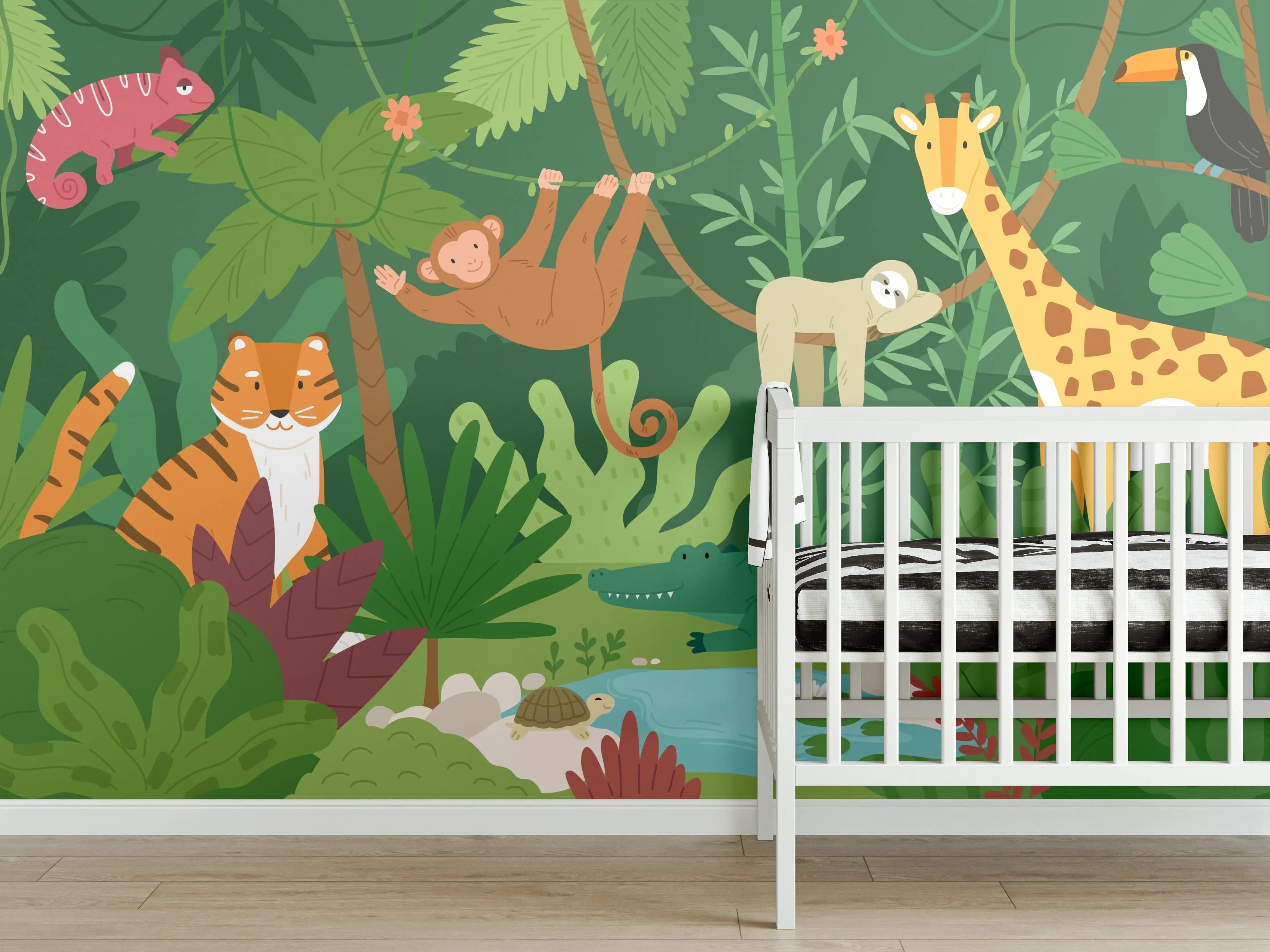 Babyzimmer Wandgestaltung - Dschungeltiere in bunter Harmonie