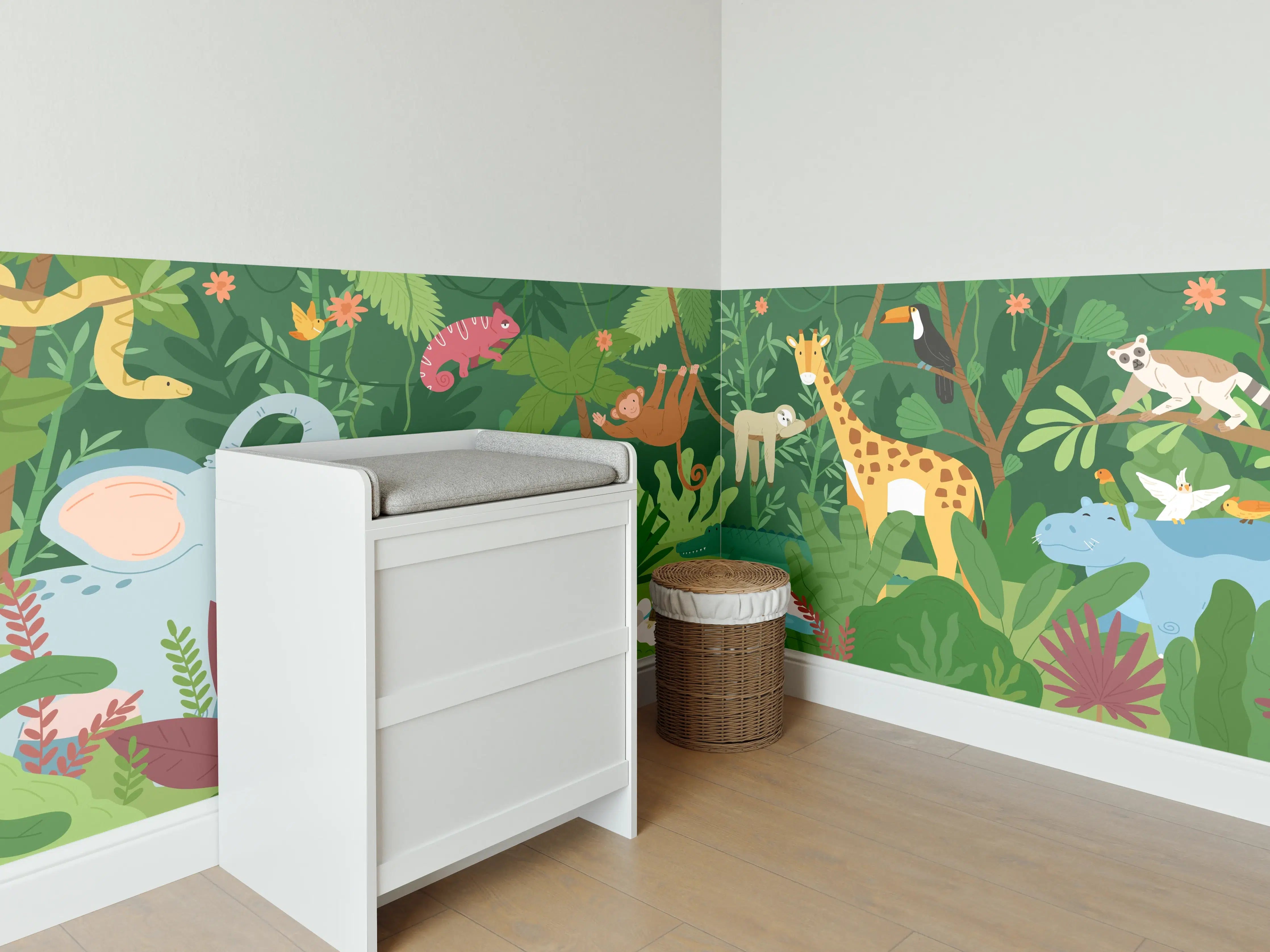 Babyzimmer Wandgestaltung - Dschungeltiere in bunter Harmonie