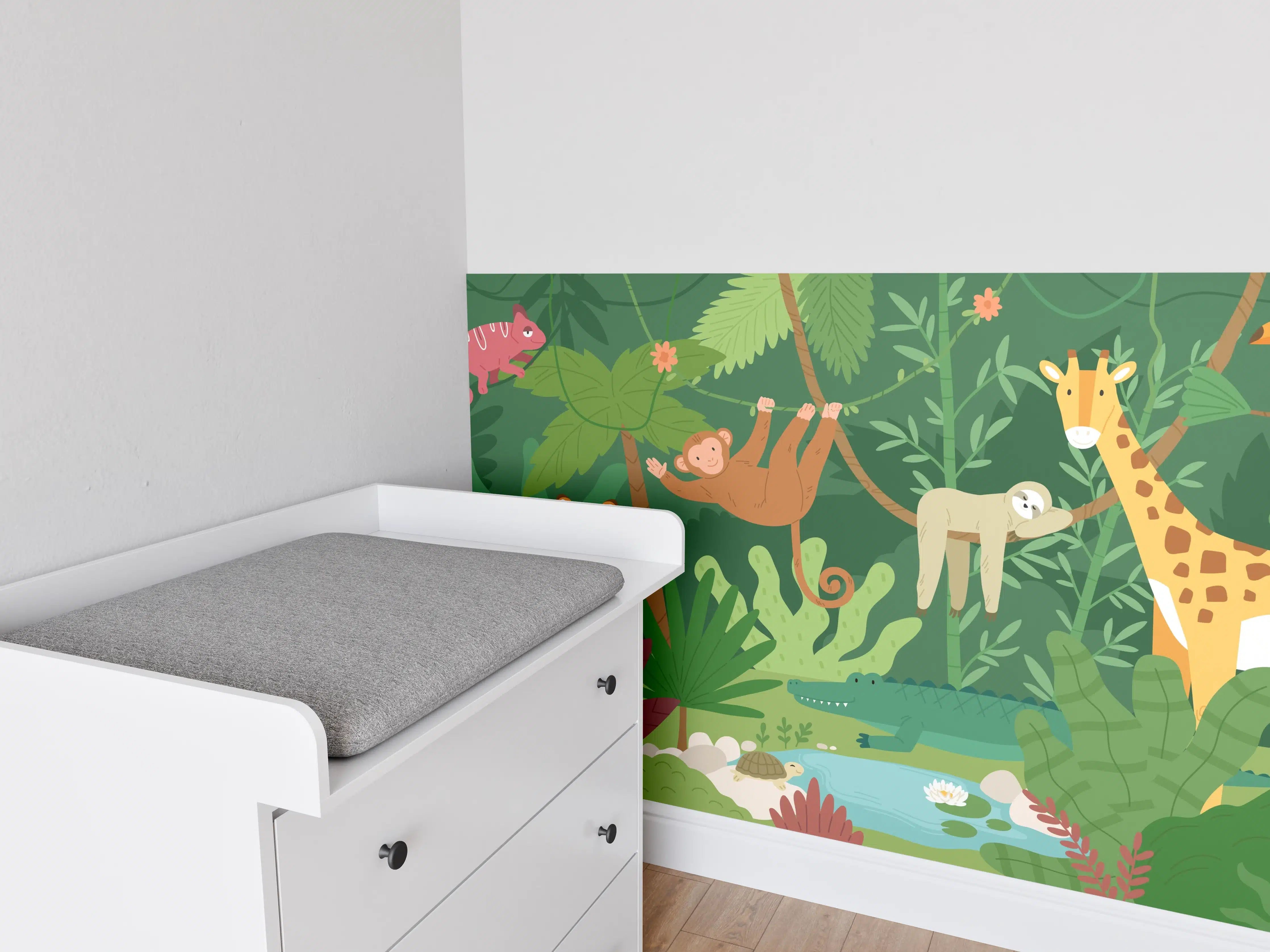 Babyzimmer Wandgestaltung - Dschungeltiere in bunter Harmonie