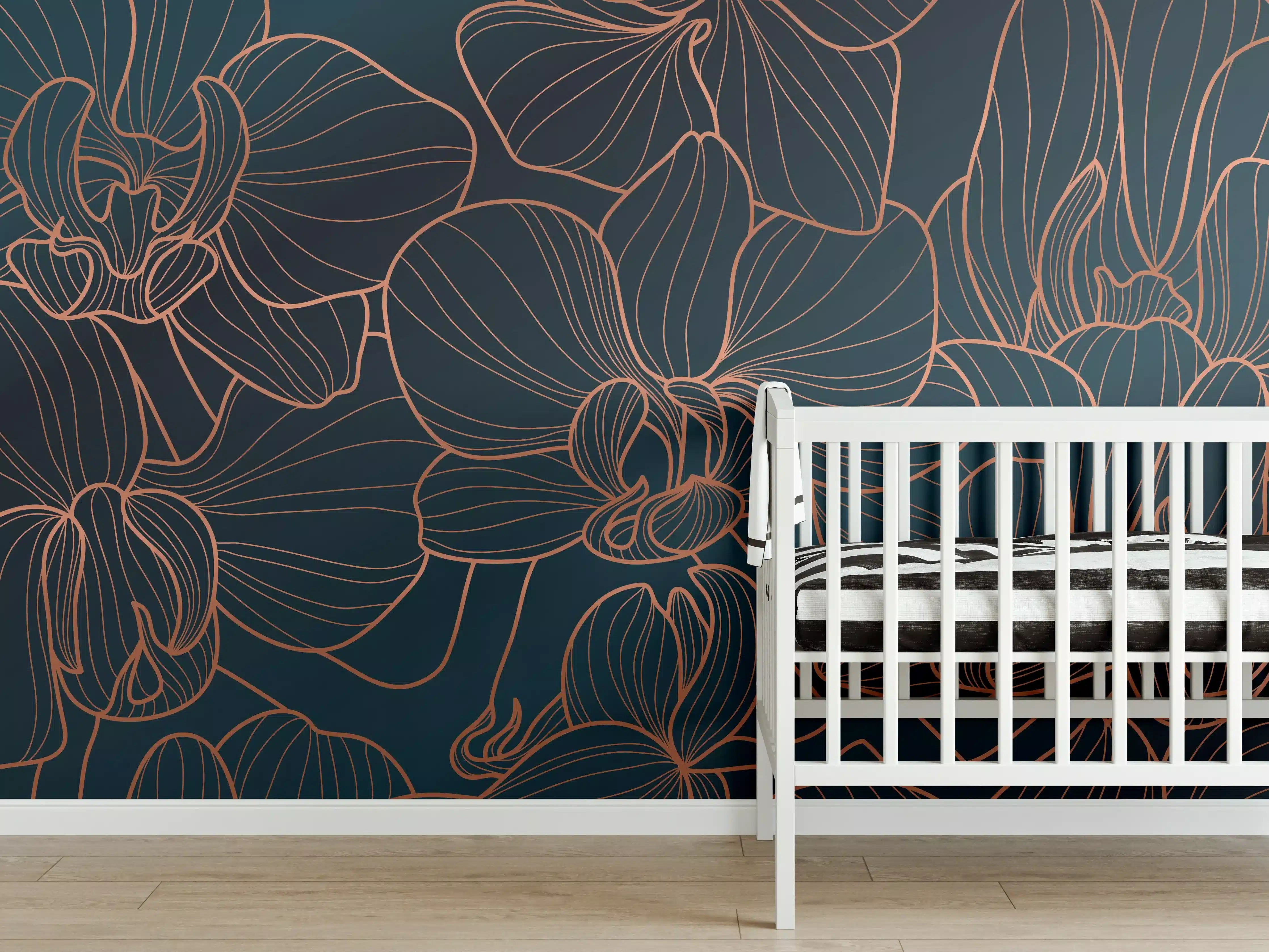 Babyzimmer Wandgestaltung - Dunkelblaue Floral Linien Kunst