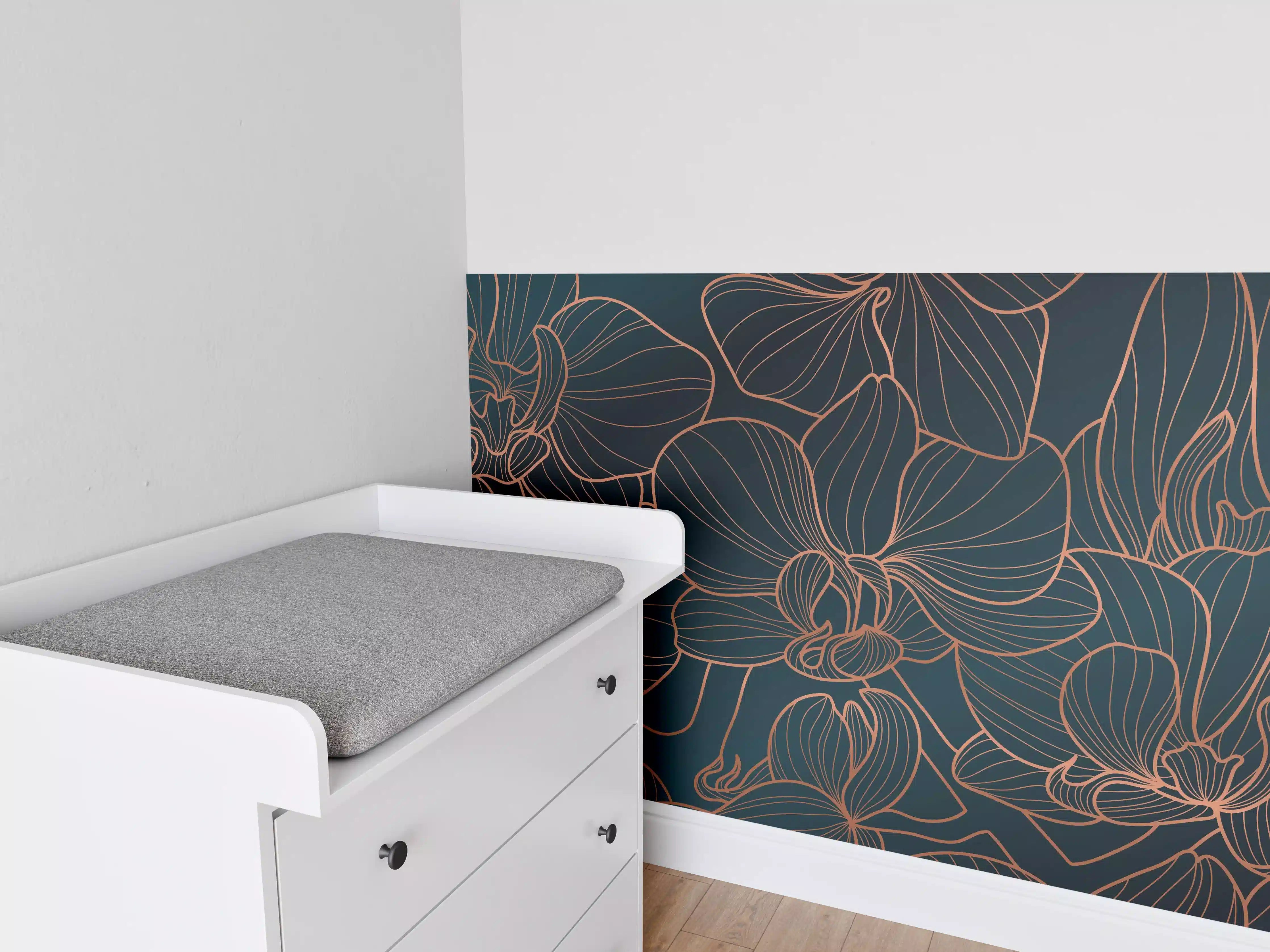 Babyzimmer Wandgestaltung - Dunkelblaue Floral Linien Kunst