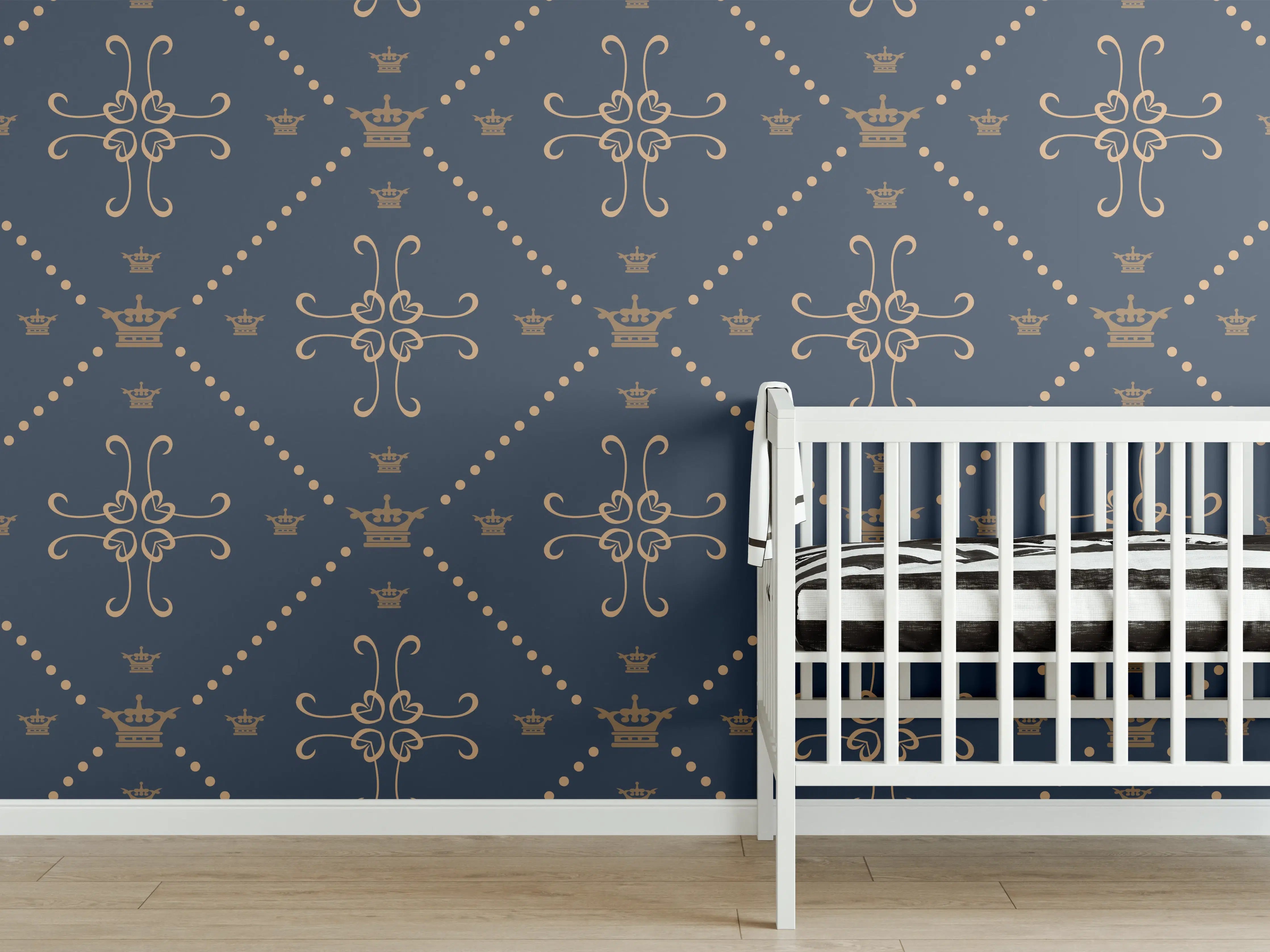Babyzimmer Wandgestaltung - Dunkelblaues Musterdesign mit stilvollen Motiven
