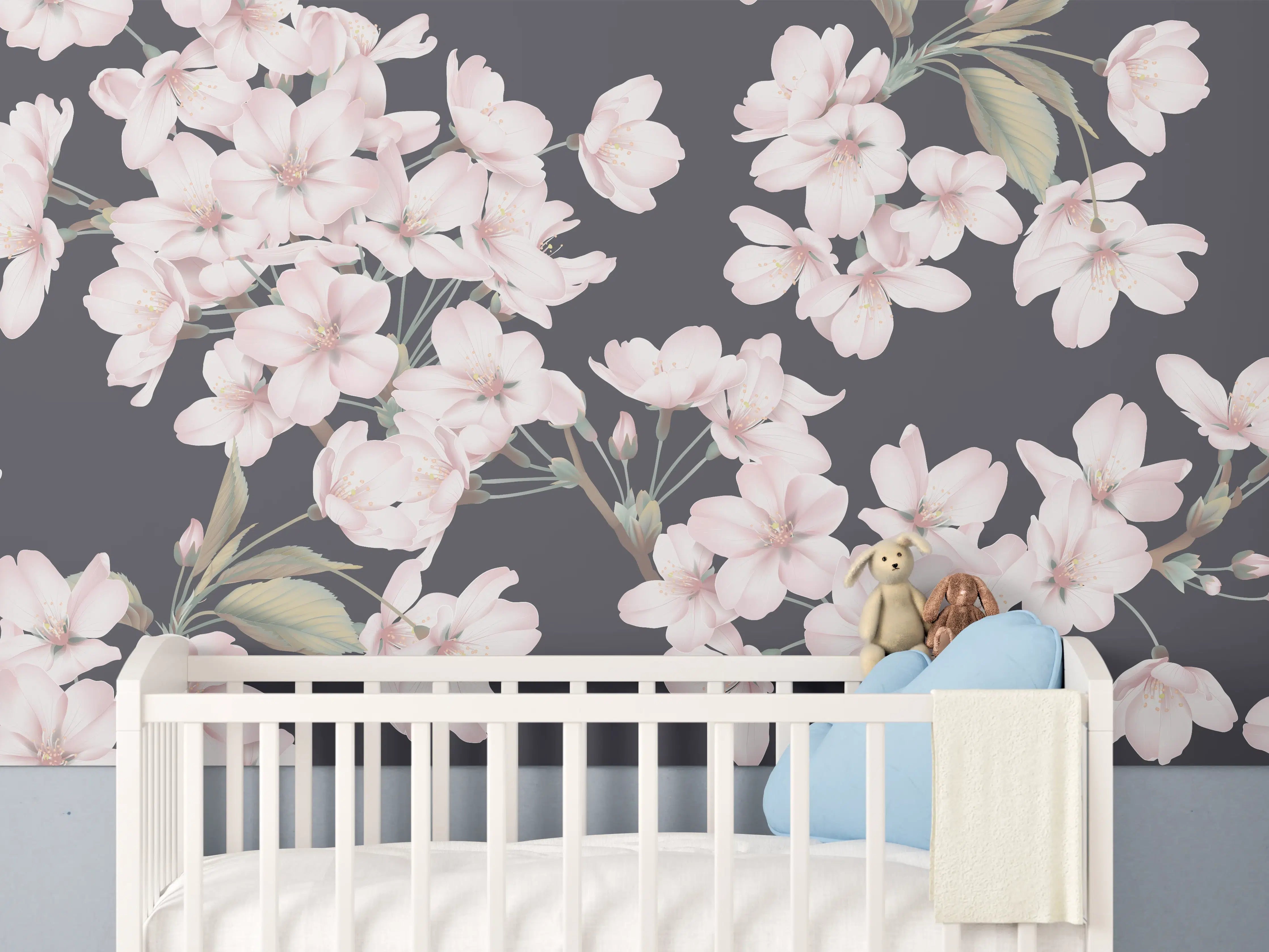Babyzimmer Wandgestaltung - Dunkelgrau-Sakura-Musterdesign