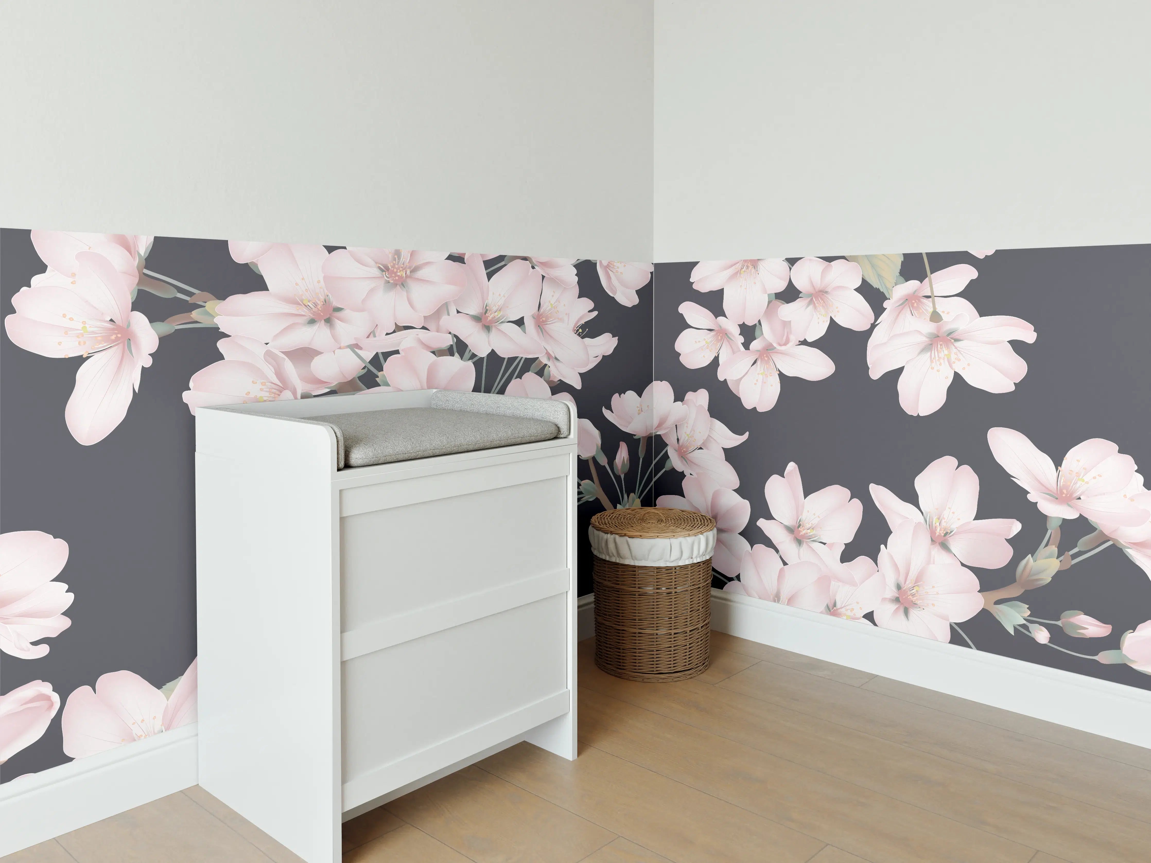 Babyzimmer Wandgestaltung - Dunkelgrau-Sakura-Musterdesign