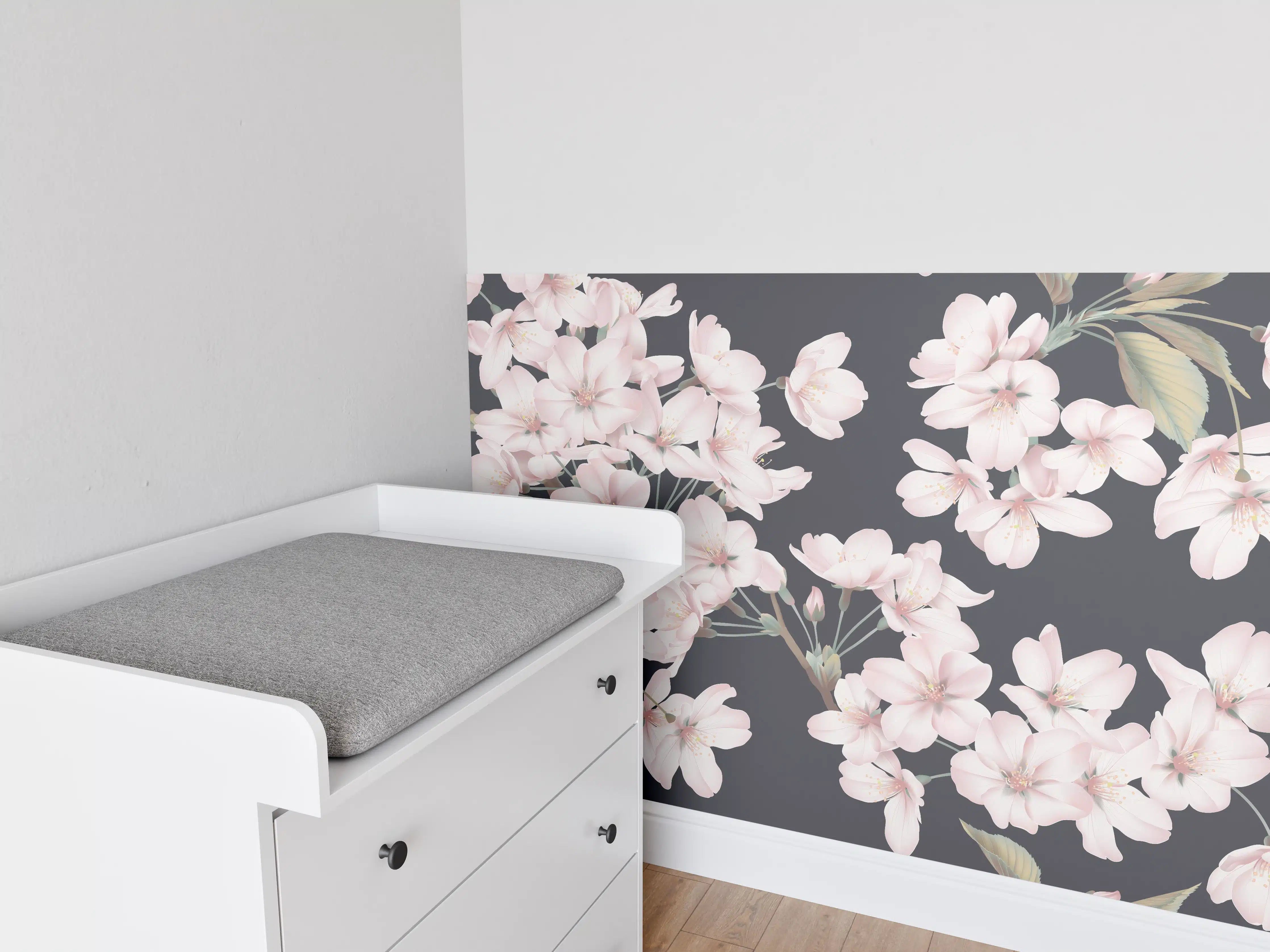 Babyzimmer Wandgestaltung - Dunkelgrau-Sakura-Musterdesign