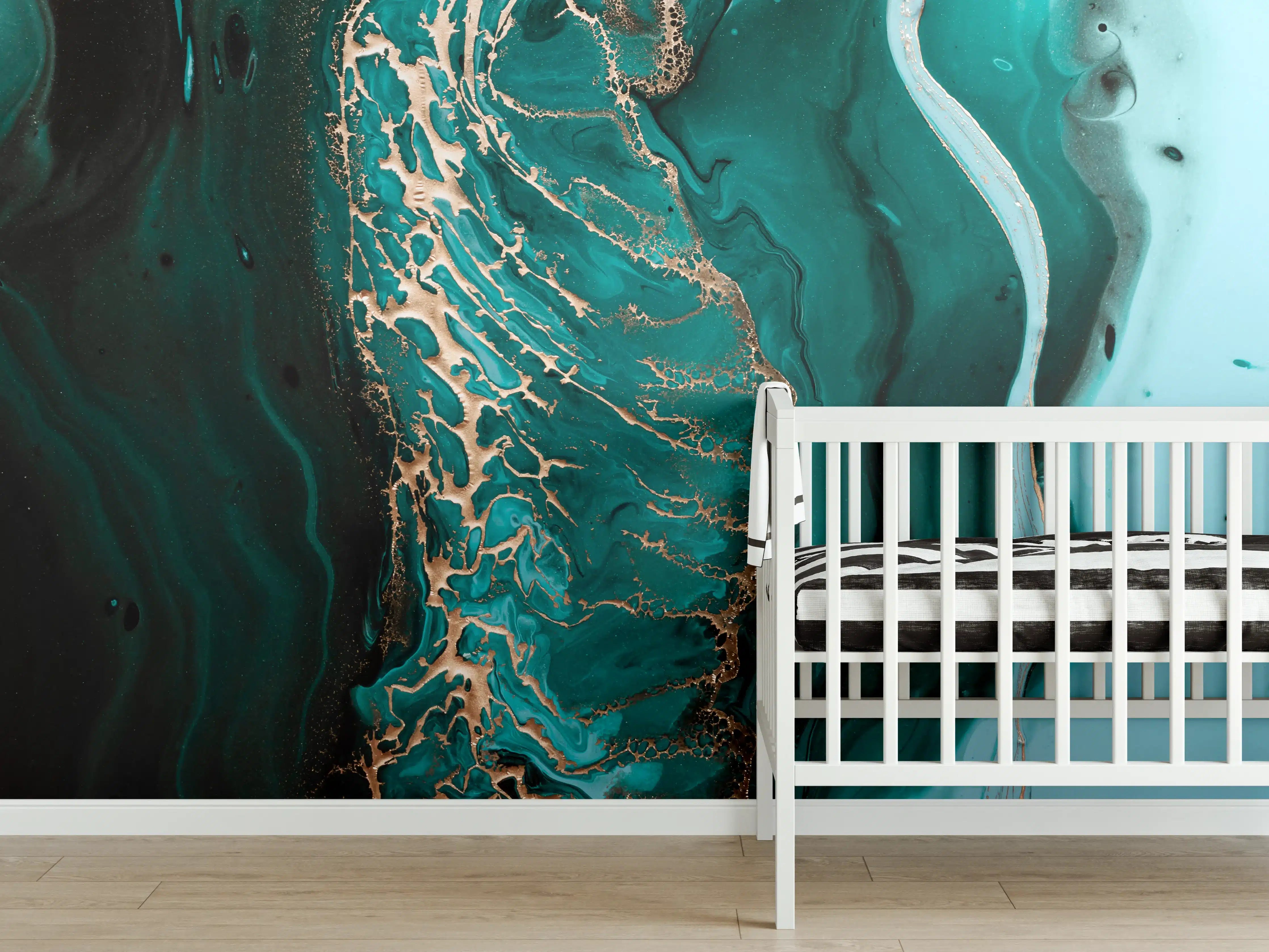 Babyzimmer Wandgestaltung - Dunkelgrün Goldene Meerestextur