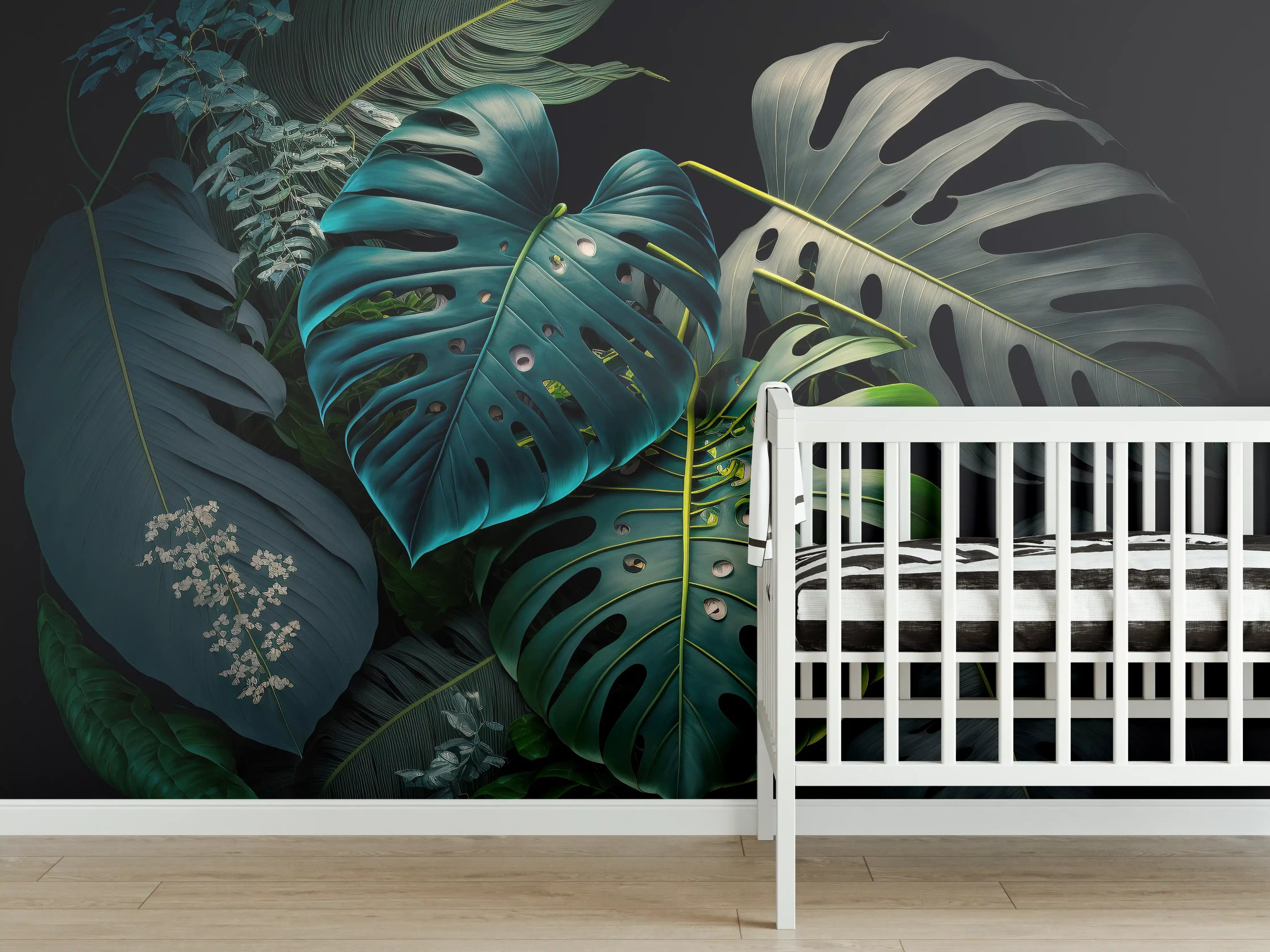 Babyzimmer Wandgestaltung - Dunkelgrüne tropische Blätter auf schwarzem Hintergrund